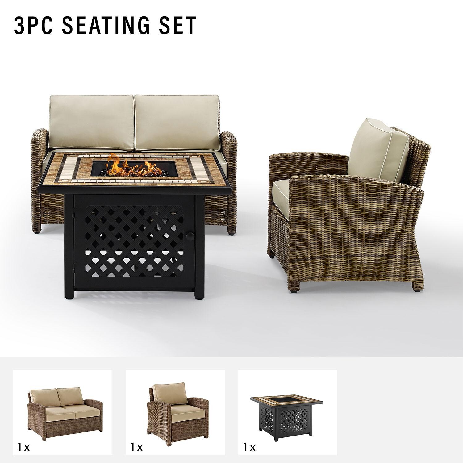 Ultimate Patio UP-92394-SA 3Pc Wicker Outdoor Loveseat Set in Sand - Included in Set (Loveseat, Club Chair, & Fire Table) - Diagram thumbnail