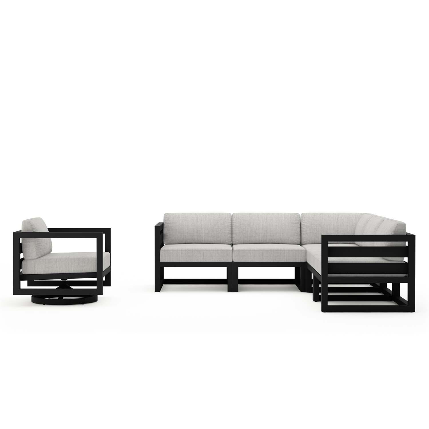 Misty Cove 6 Pc Aluminum Sectional Seating Set w/ Swivel Chairs in Black/Cast Silver by Lakeview Outdoor Designs - Front View - White Background thumbnail