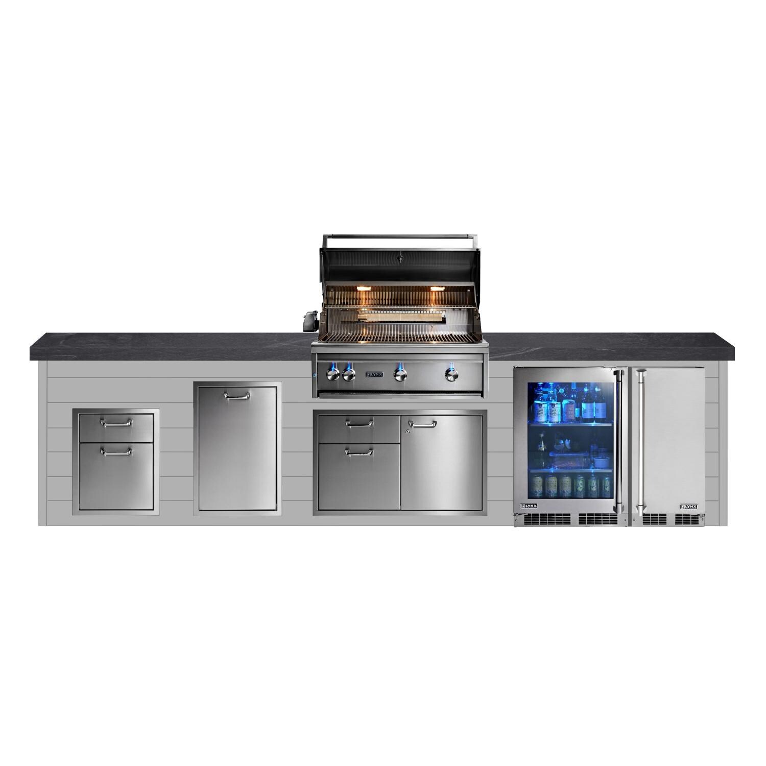 BBQGuys Signature 12ft Luxury Outdoor Kitchen w/ Lynx Professional 36-Inch Propane Grill, Ice Maker & Refrigerator - Light Gray Steel w/ Black Polished Granite - White Background thumbnail