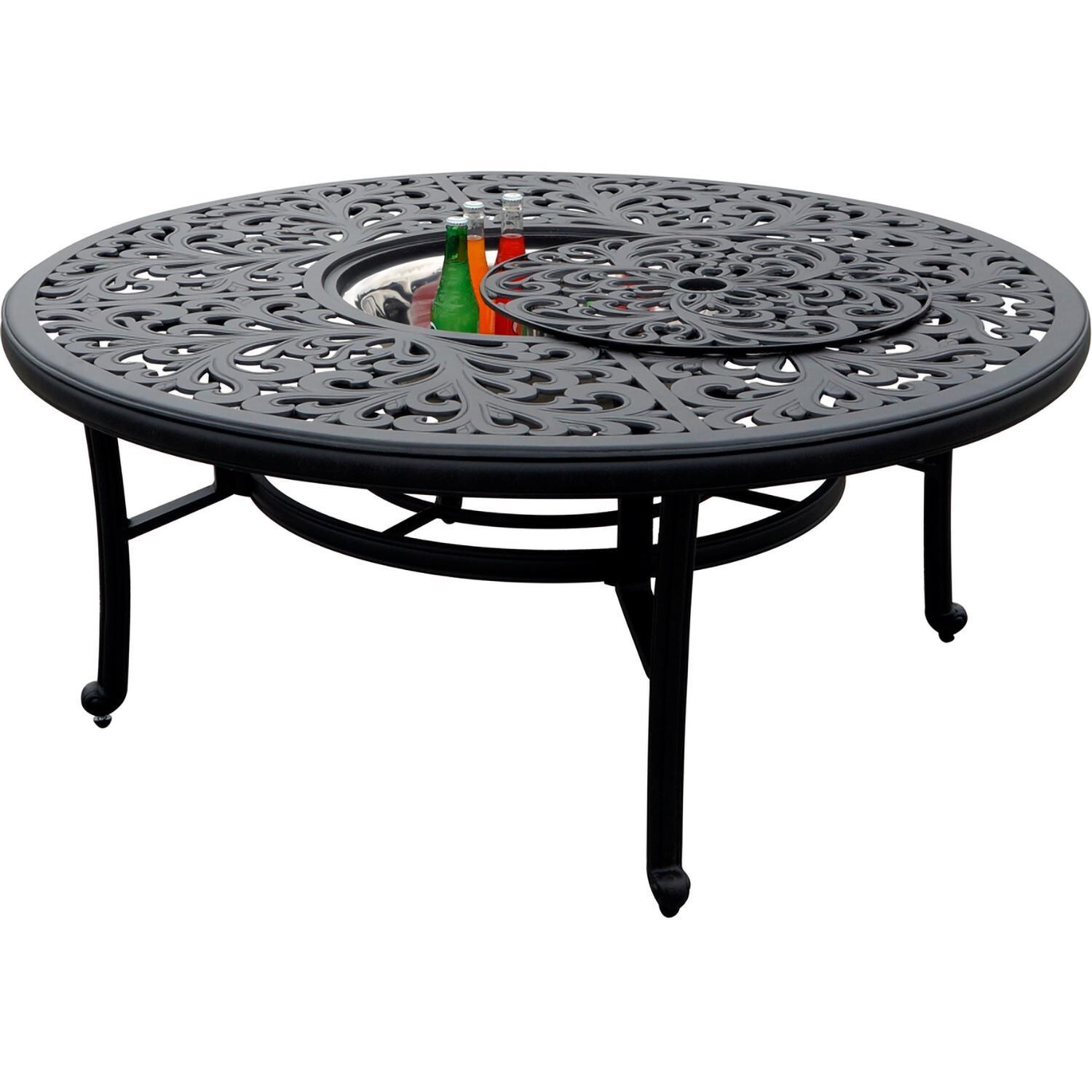 Darlee Elisabeth 5 Pc Cast Aluminum Fire Pit Seating Set w/ 52 Inch Series 80 Table w/ Ice Bucket Insert & Swivel Rockers in Antique Bronze/Beige - Table Open - White Background thumbnail