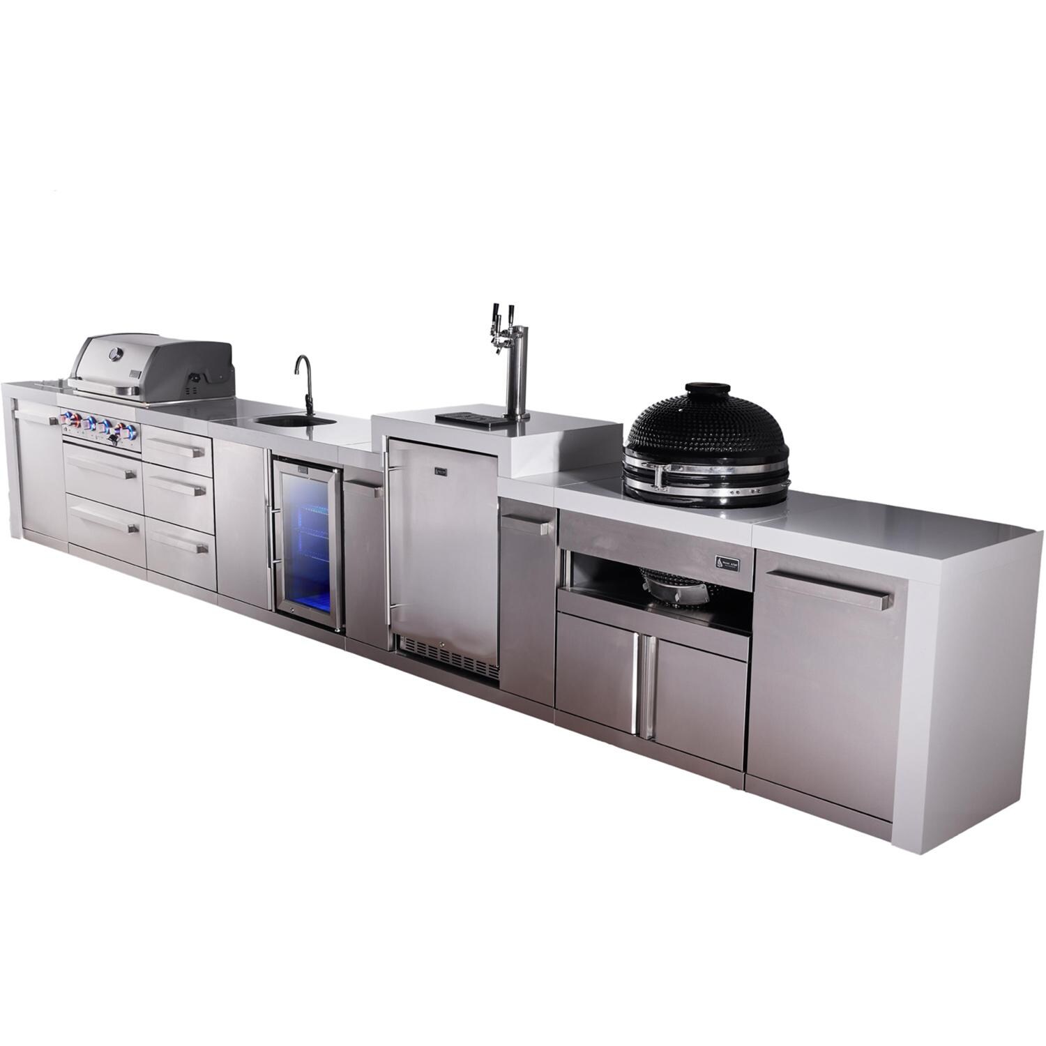 Mont Alpi Deluxe Series 15 1/2 Ft Natural Gas Outdoor Kitchen Island w/ 32-in Grill, Side Burner, Beverage Center, Kegerator, Kamado Module & Triple Drawer (Ships Propane w/ Conversion Kit) - Angled Right - White Background thumbnail