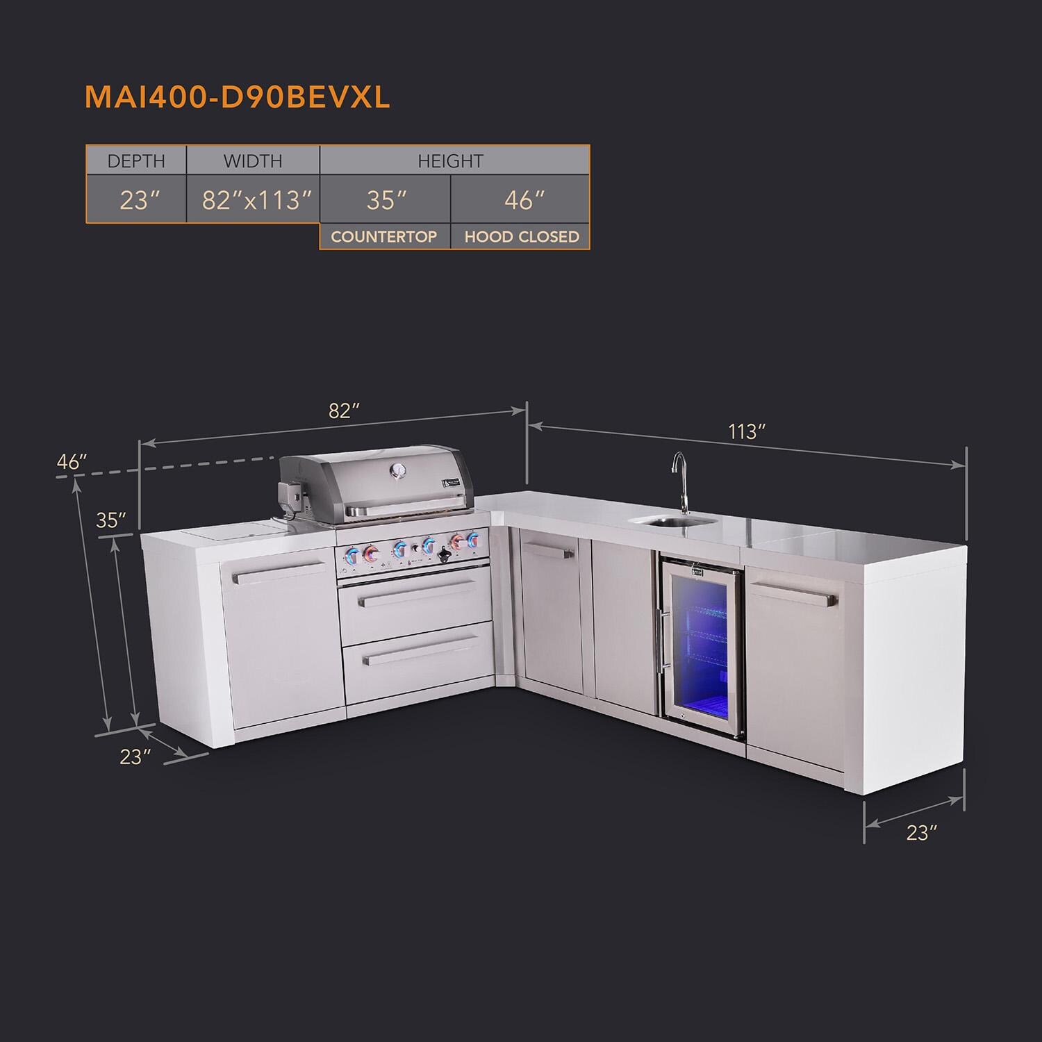 Mont Alpi Deluxe Series 9 1/2 Ft Propane Outdoor Kitchen Island w/ 32-in Grill, Side Burner, Beverage Center & Extra Door - MAi400-D90BEVXL - Dimensions - Dimensional thumbnail