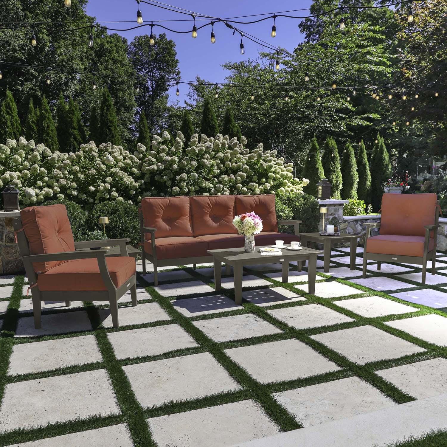 Blushing Bay 6 Pc Recycled Plastic Seating Set w/ Sofa in Canvas Persimmon/Woodland Brown by Lakeview Outdoor Designs