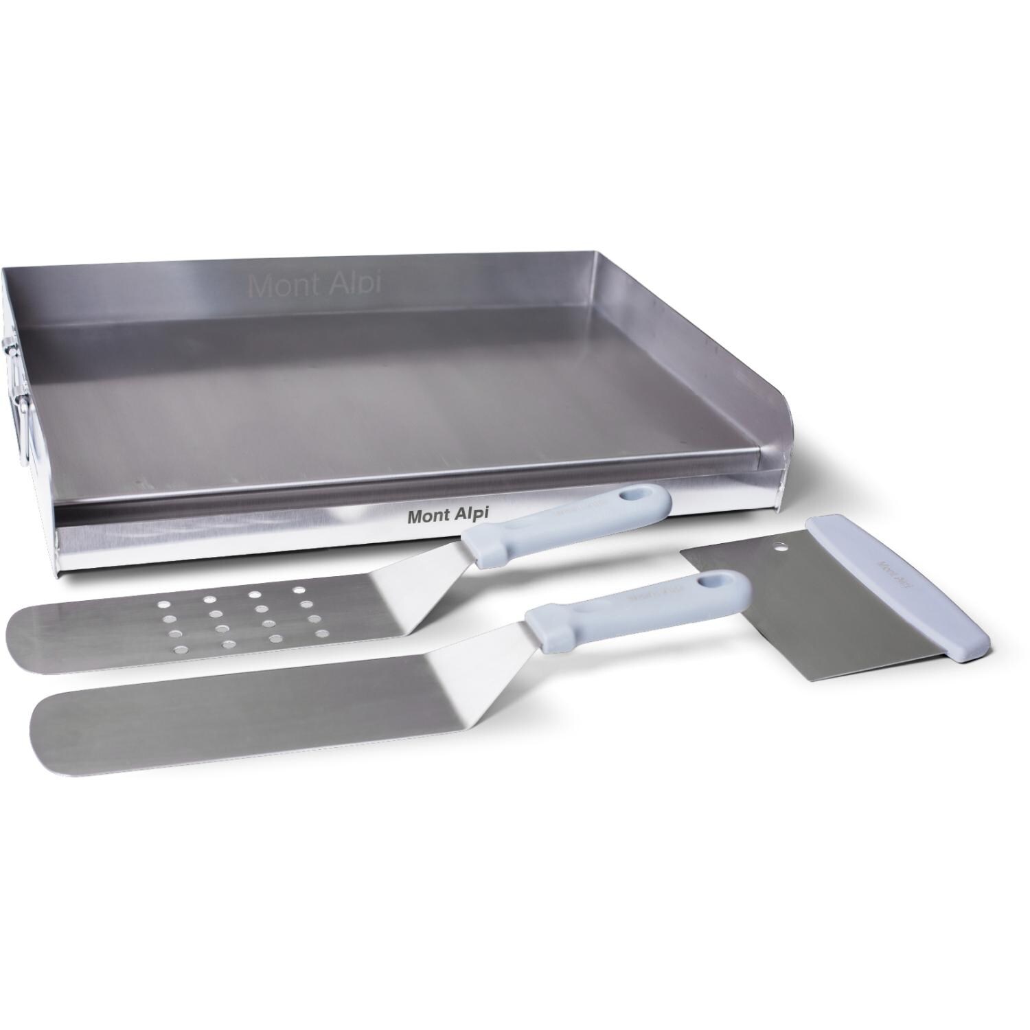 Spatulas, scraper, and griddle plate with side handles for easy lifting thumbnail