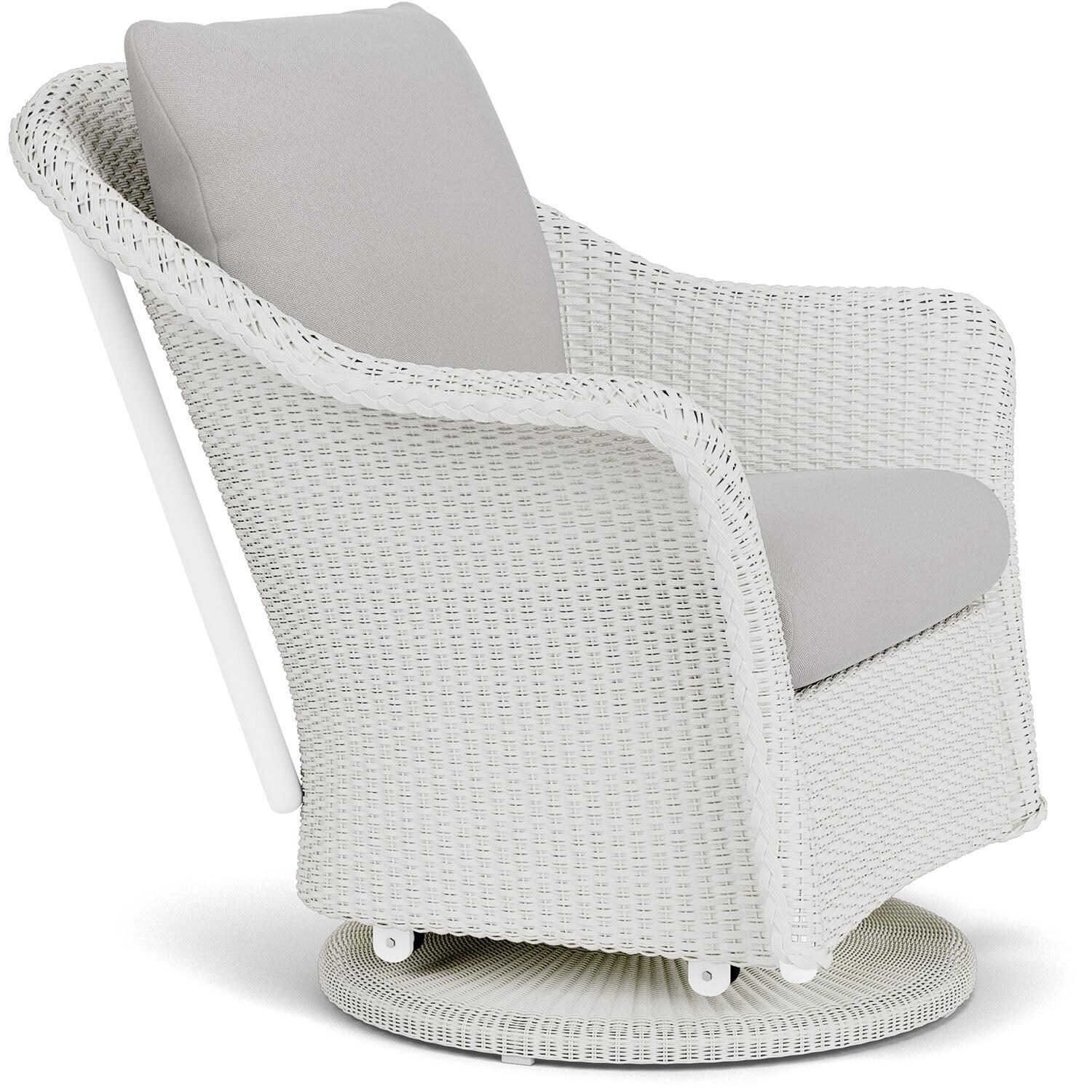 Lloyd Flanders Weekend Retreat Swivel Glider Lounge Chair in Matte White Finish W/ Tundra Dove Fabric - Angled thumbnail