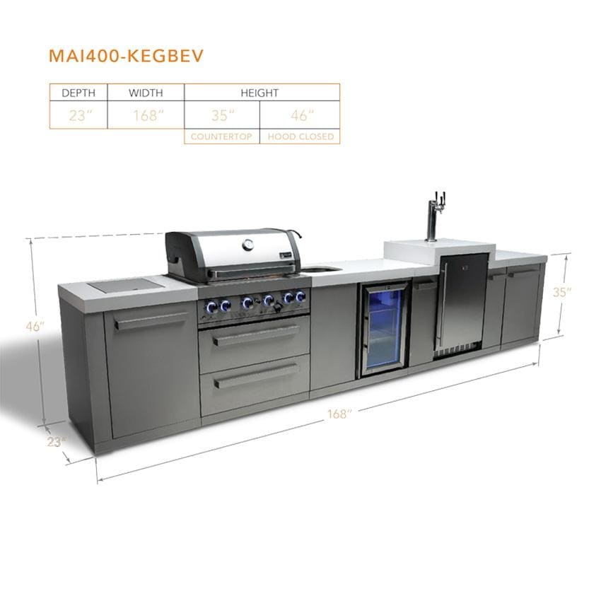 Mont Alpi MAi400-KEGBEV Original Series 14 Ft Propane Outdoor Kitchen Island w/ Side Burner, Beverage Center & Kegerator - Dimensions - Dimensional thumbnail