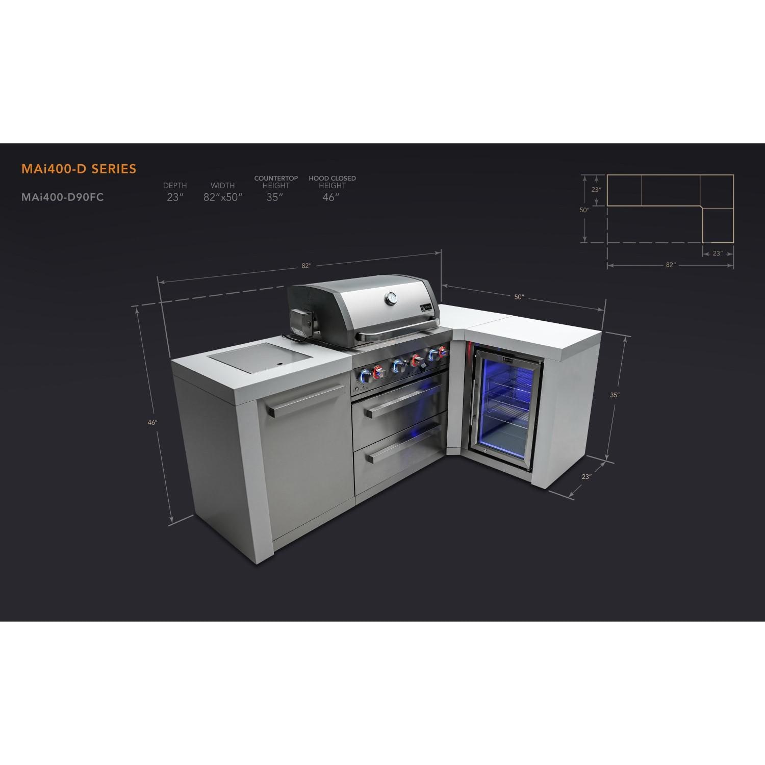  Mont Alpi - MAi400-D90FC - Deluxe 90 Degree Propane Gas Island Grill W/ Refrigerator Cabinet, Infrared Side Burner, & Rotisserie Kit - Dimensional thumbnail