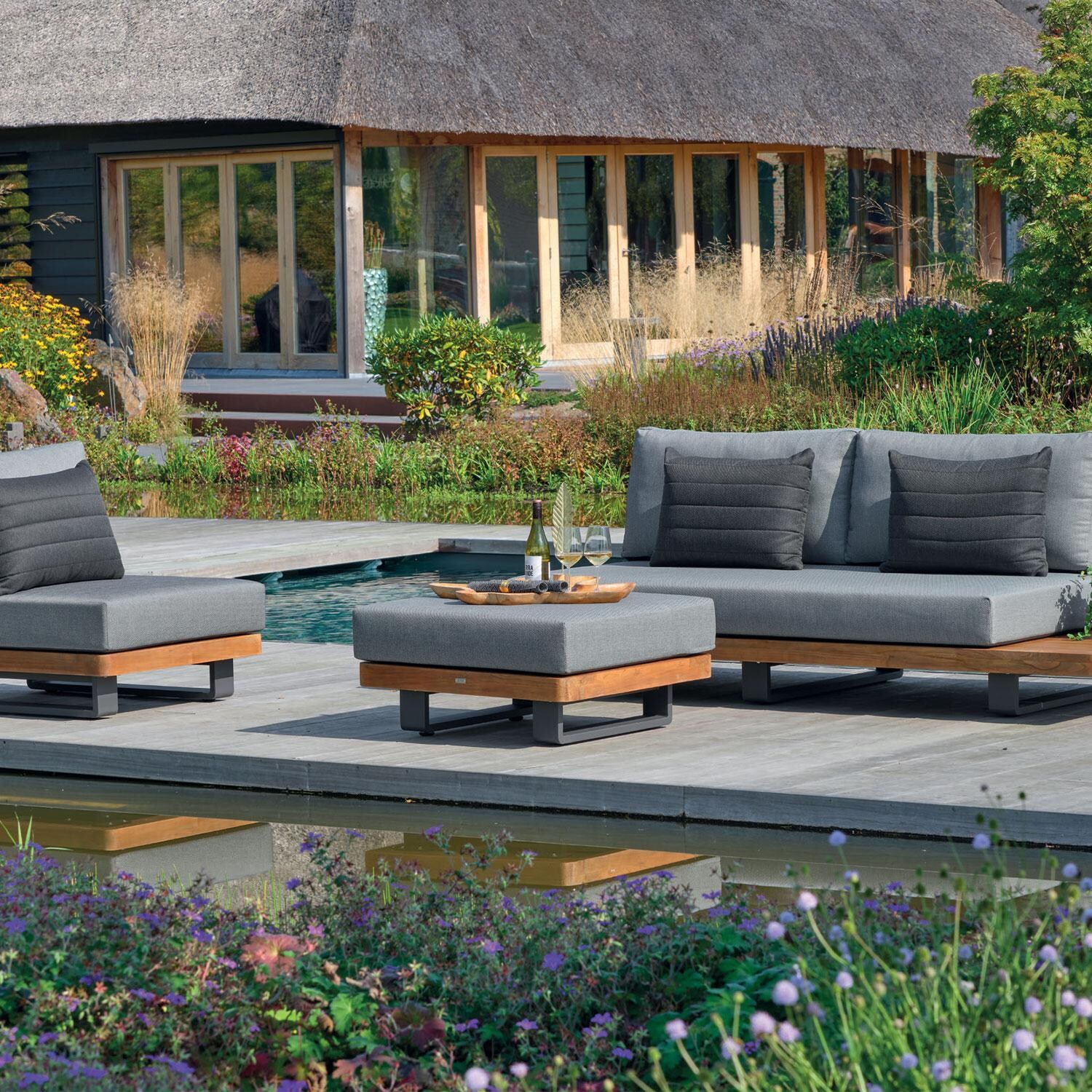 Fitz Roy Aluminum/Teak Ottoman in Lava By KETTLER - Styled W/ Lounge Set (Only One Included) - Lifestyle thumbnail