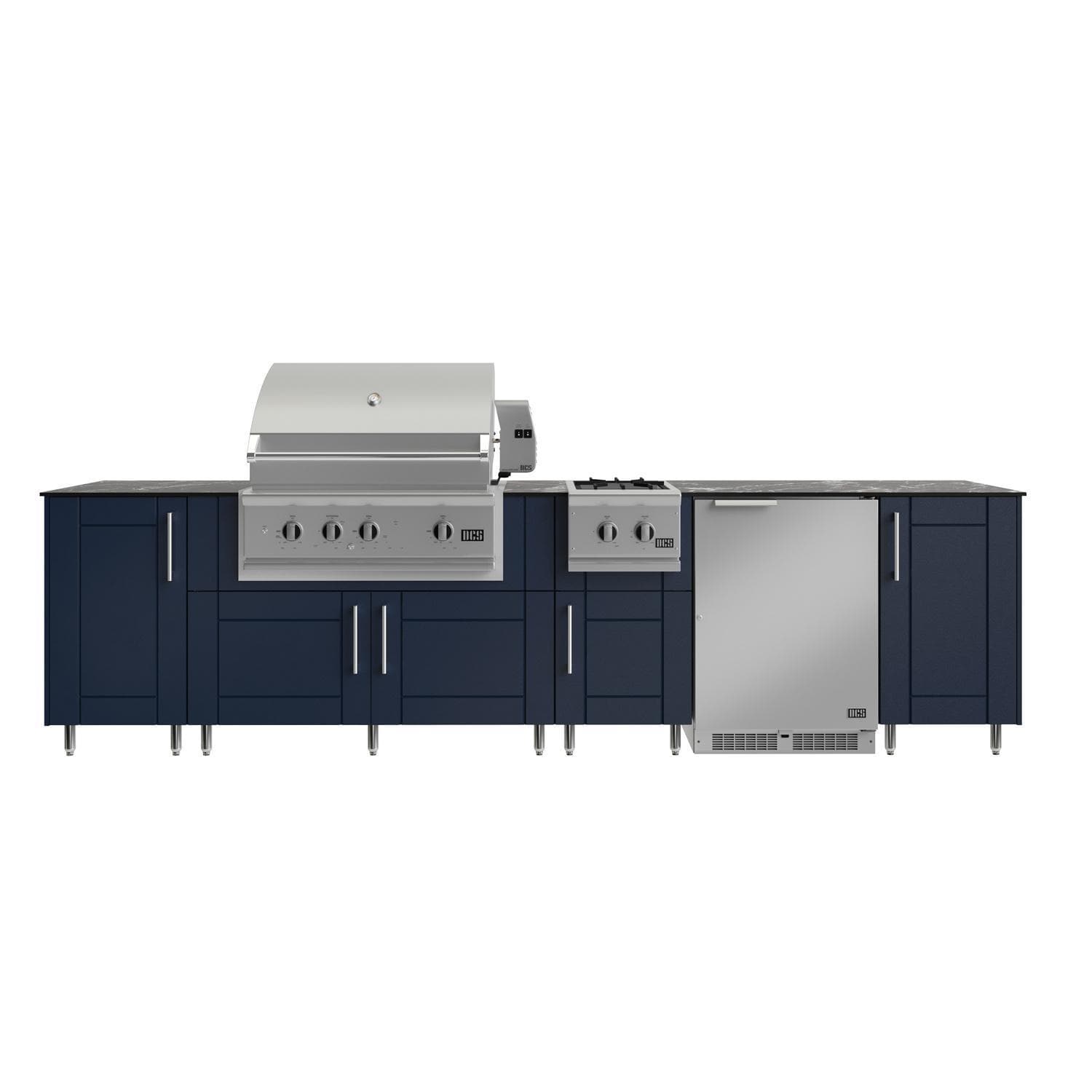 WeatherStrong Nassau 10 1/2 Ft Outdoor Kitchen Island w/ DCS Propane Grill, Side Burner & Refrigerator in Sapphire Blue/Midnight Ice