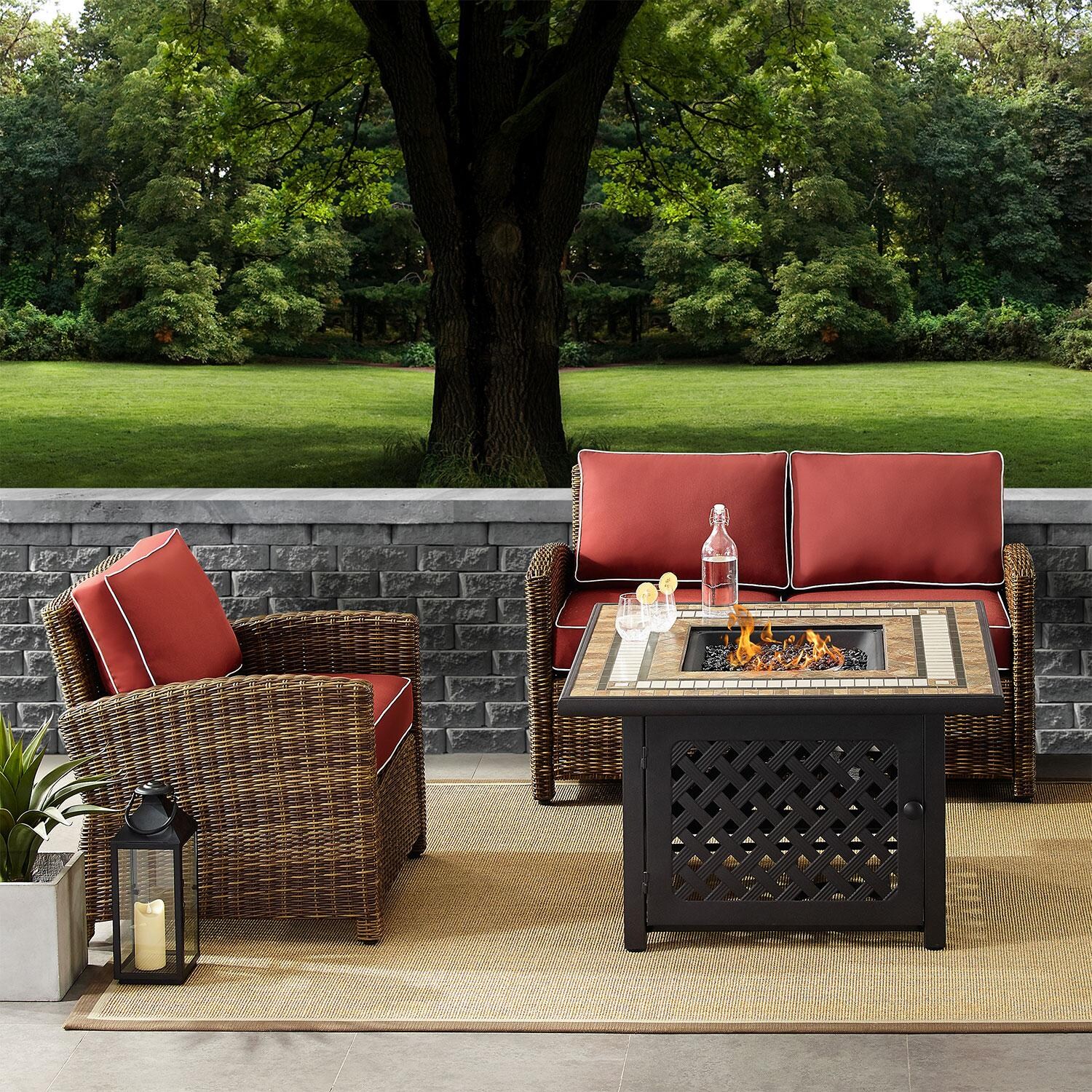 Branchwood 3 Pc Wicker Fire Pit Seating Set in Weathered Brown/Sangria by Ultimate Patio