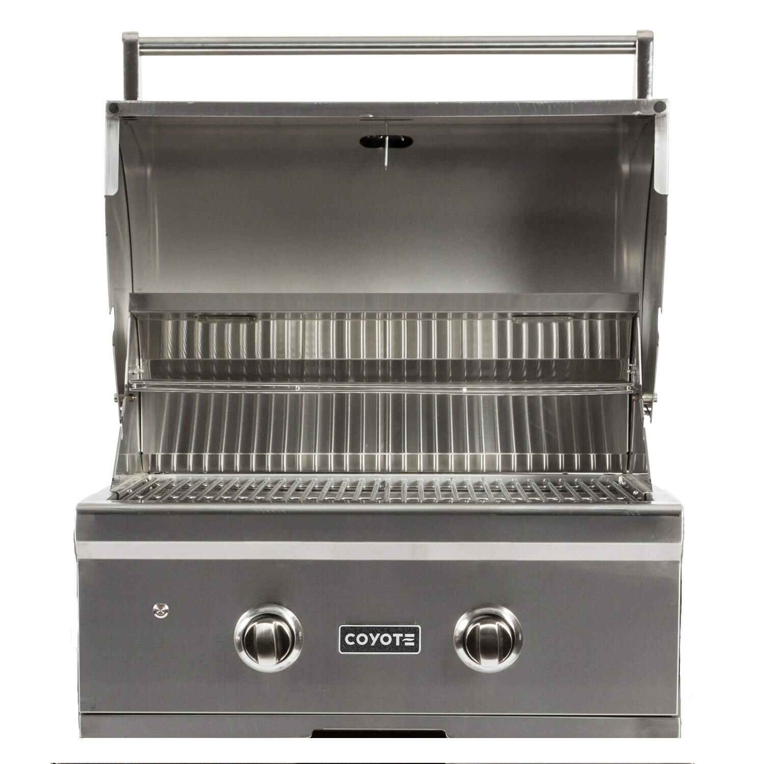 Coyote RTAC-G5-SG-C1C28LP Ready-To-Assemble 5 Ft Outdoor Kitchen Island With 28-Inch C-Series Propane Gas Grill - Stacked Stone/Stone Gray - Open Lid thumbnail