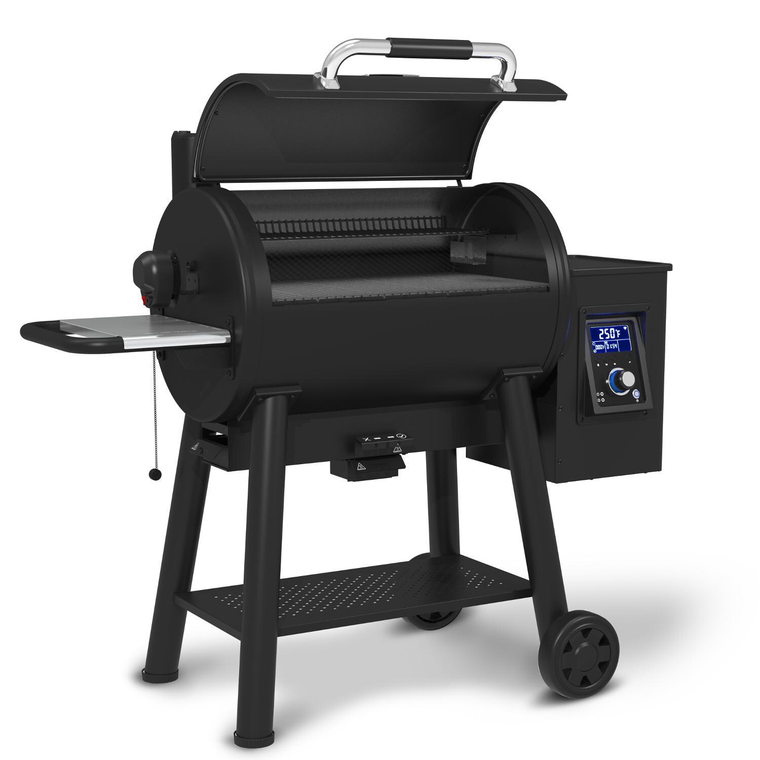 Broil King 496051 Regal 500 Wi-Fi & Bluetooth Controlled 32-in Pellet Grill - Angled Right Lid Open - White Background thumbnail
