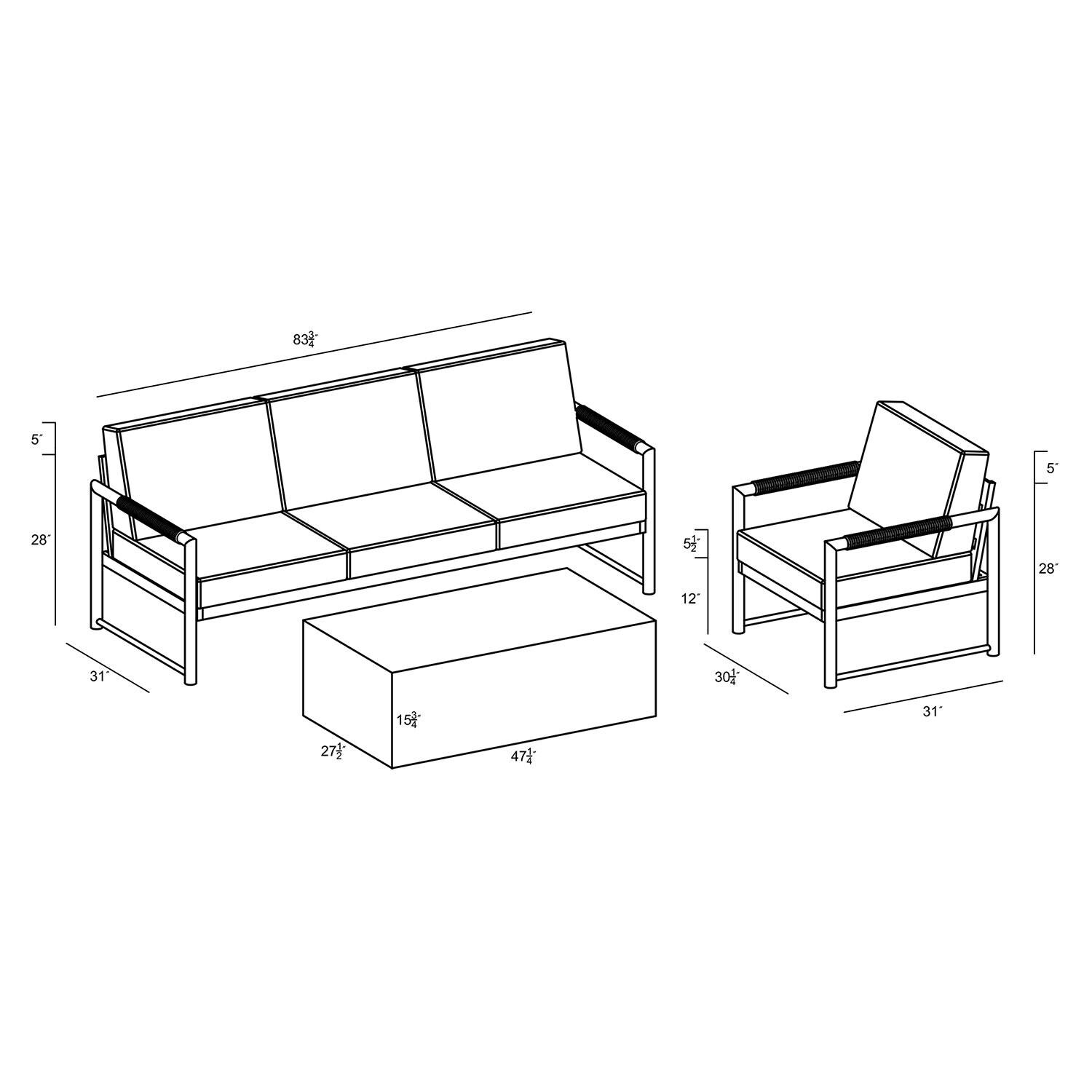 Lakeview AVEBAY-BK-CO-SET130-IN Avenue Bay Black/Carbon 3 Pc Sofa Set - Spectrum Indigo - Dimensions - Diagram thumbnail