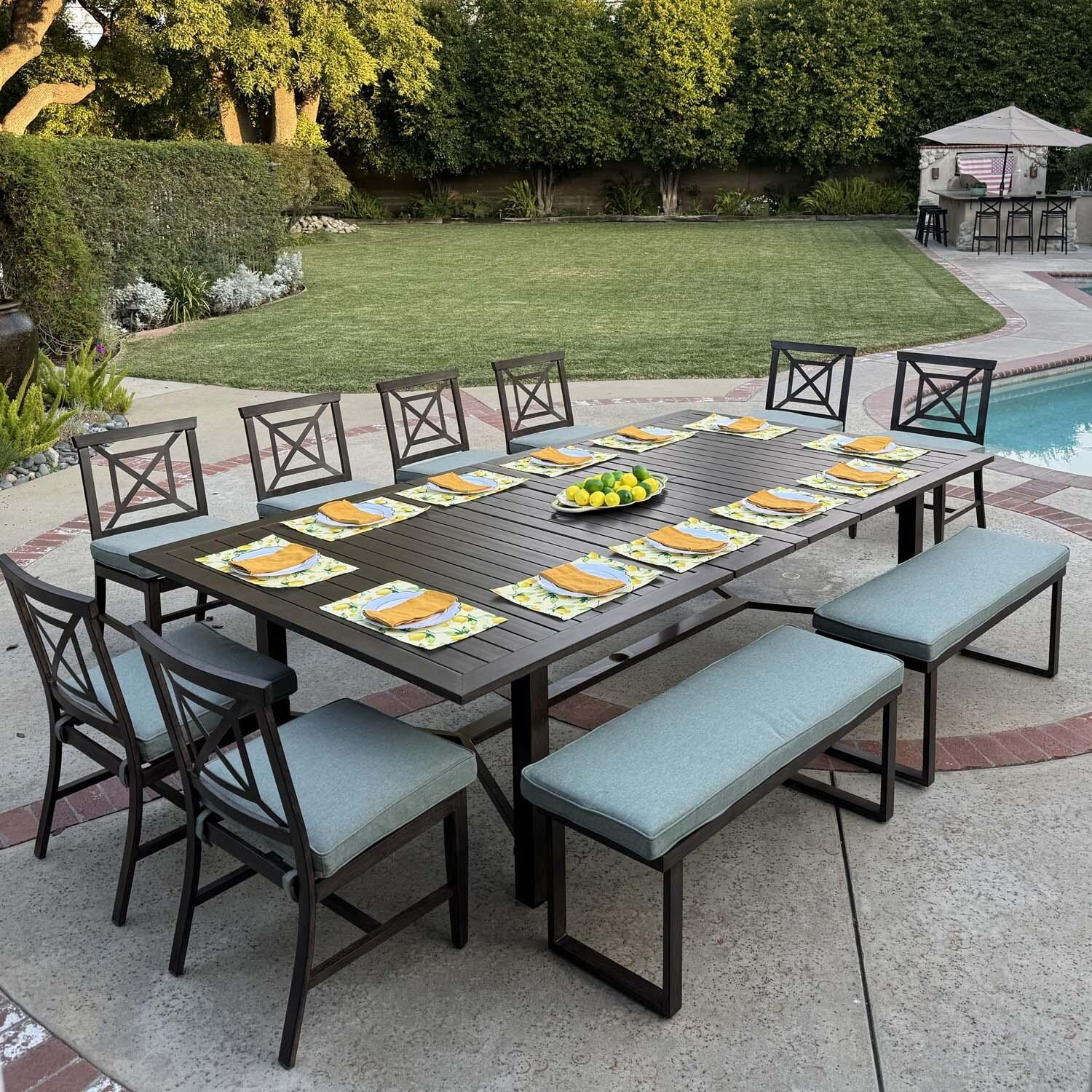 Atlantis 11 Pc Aluminum Dining Set in Walnut/Spa by Darlee - Lifestyle thumbnail