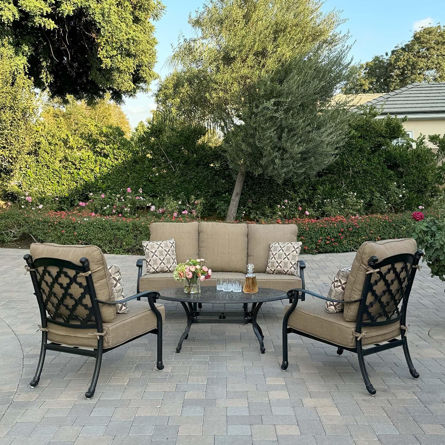 Madison 4 Pc Cast Aluminum Seating Set w/ 46 X 31 Inch Oval Table in Antique Bronze/Sesame by Darlee