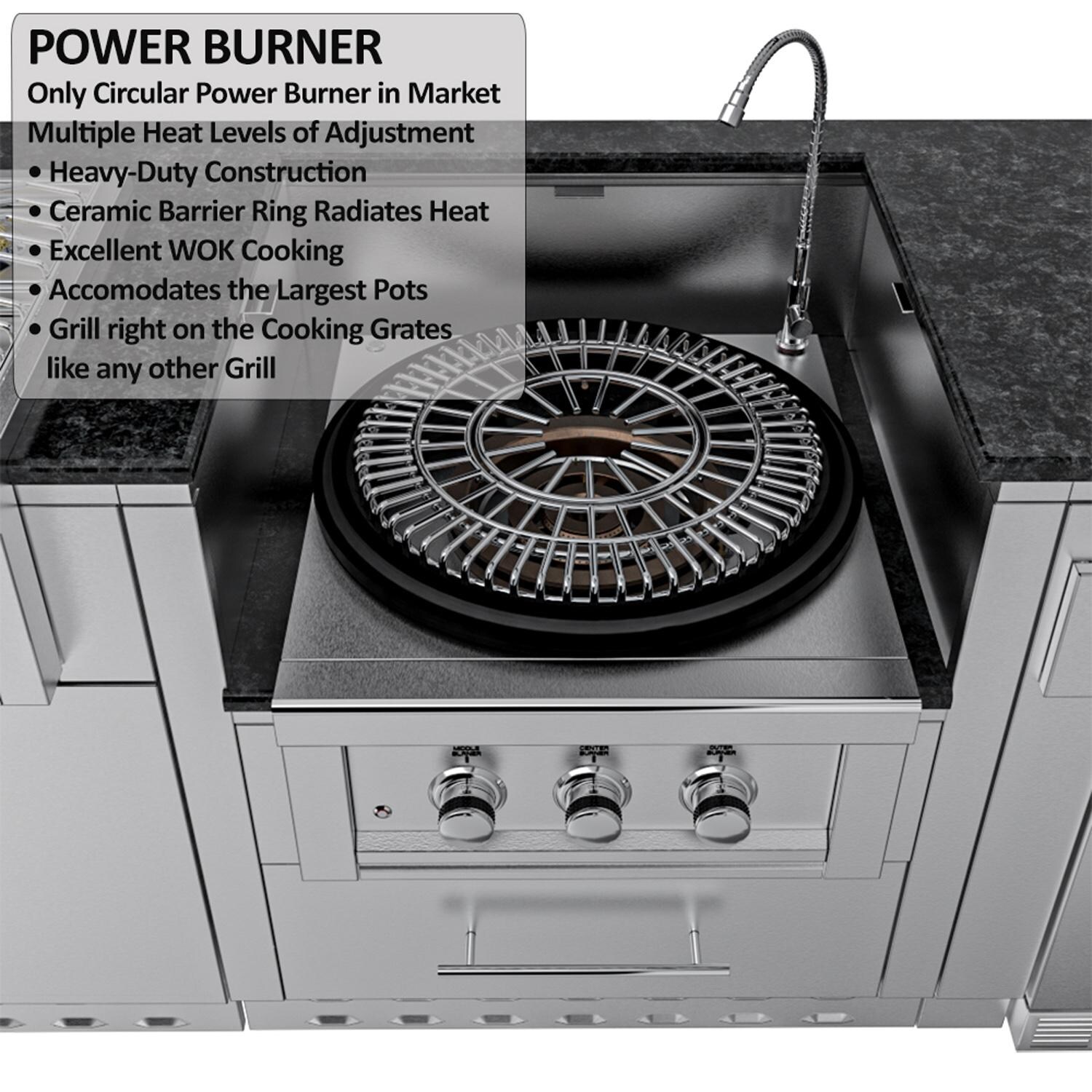 Sunstone Grills SCPHILLCOUNTRY13.6-NG Hill Country 13 1/2 Ft Outdoor Kitchen Island w/ Natural Gas Grill & Side Burner, Sink, Refrigerator, Door & Drawer - Power Burner Topper - Detail thumbnail