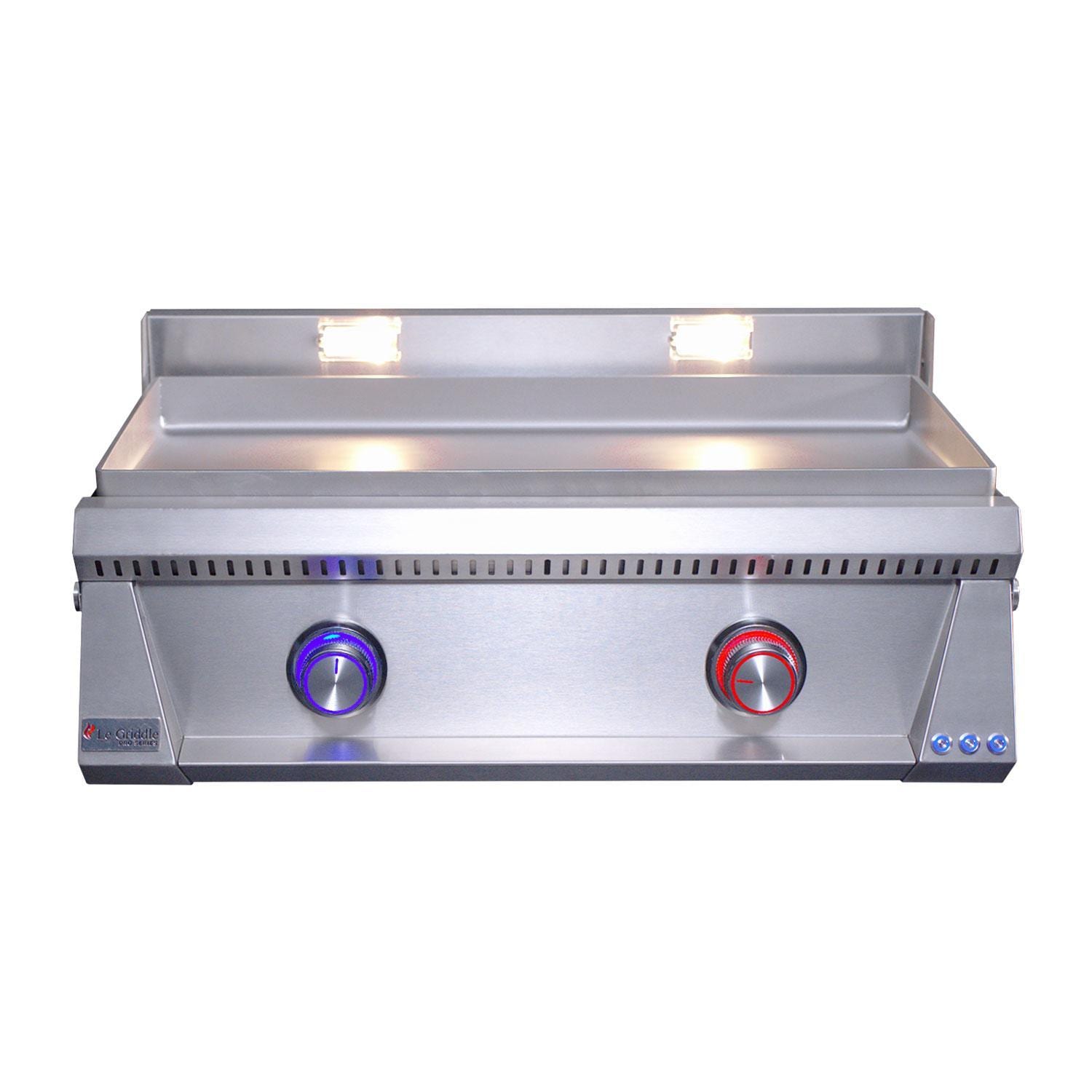 Le Griddle Pro Series 75 30-in 2 Burner Built-In Propane Flat Top Grill w/ 6mm Plate & Lid - Burner Off Blue LED Knob - White Background thumbnail