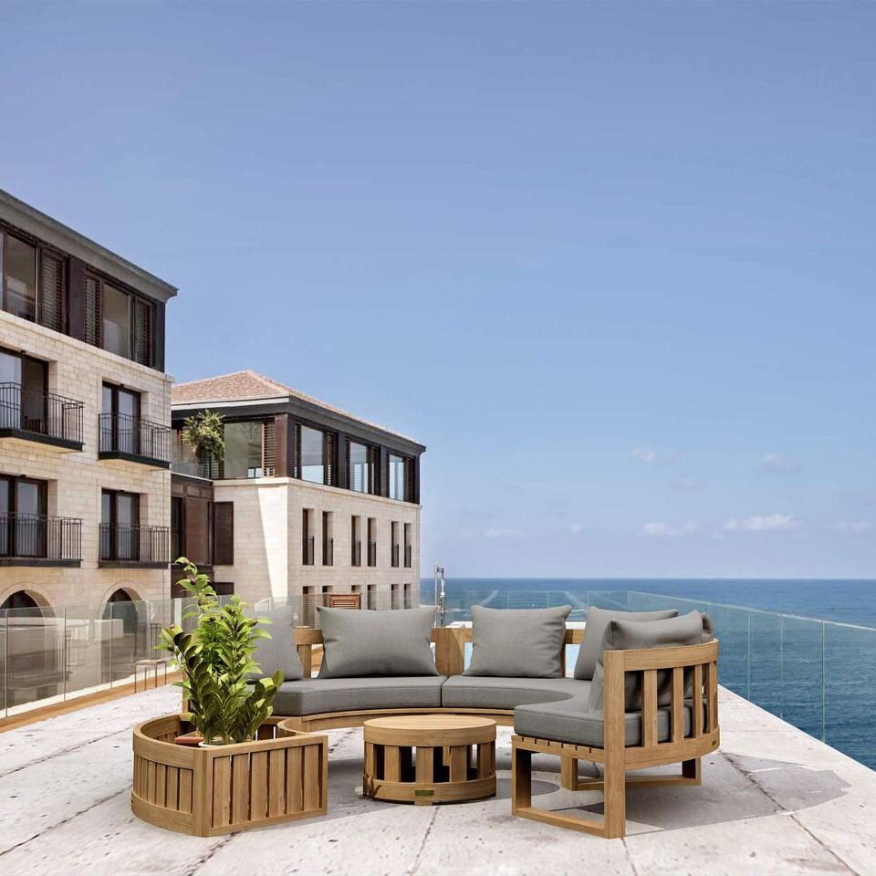 St. Charles 6 Person Teak Seating Set w/ Planter in Cast Slate by Lakeview Outdoor Designs - On the Patio - Lifestyle thumbnail