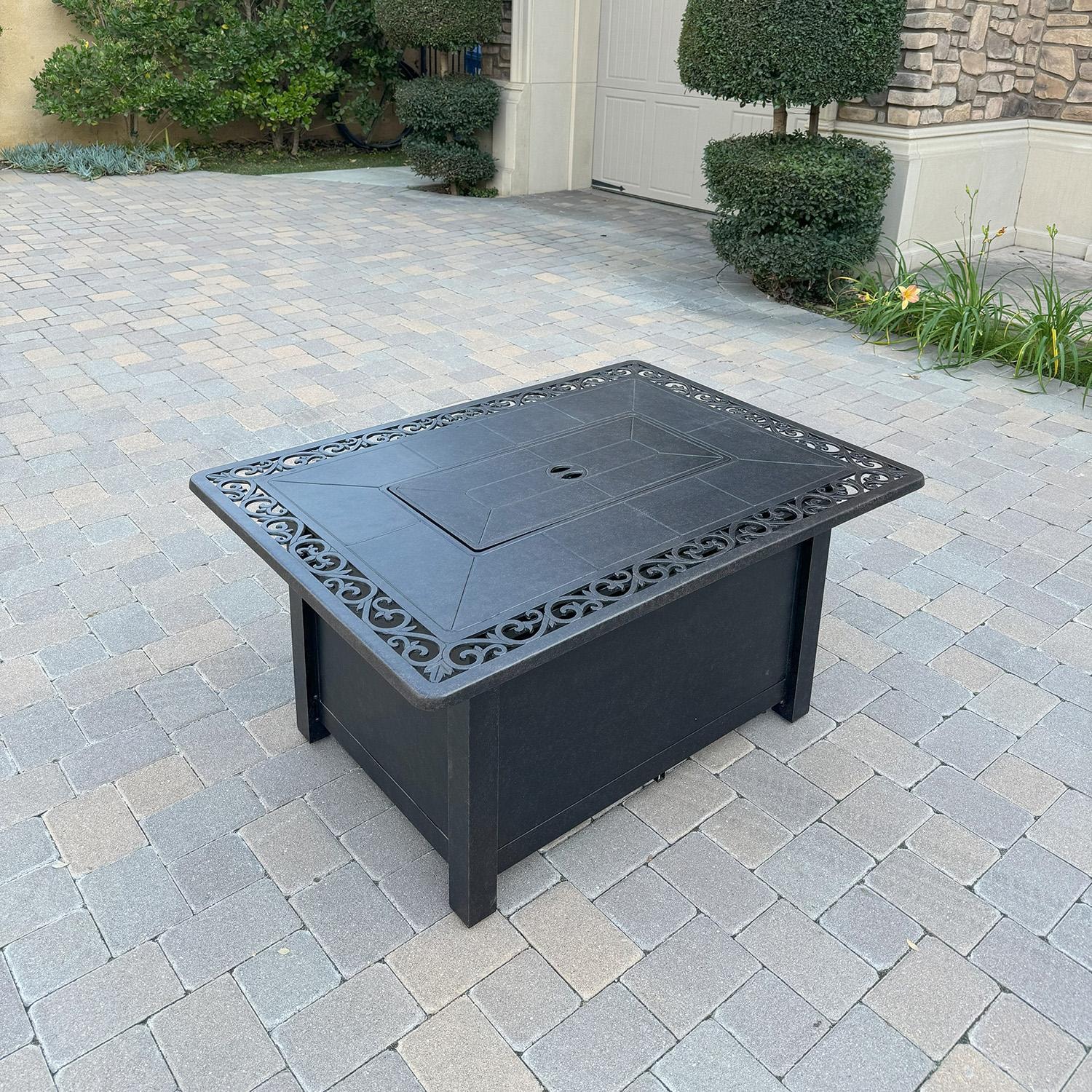Darlee Elisabeth 5 Pc Cast Aluminum Fire Pit Seating Set w/ Loveseat, Sofa, Club Chair and Ottoman in Antique Bronze/Beige - Table w/ Cover - Lifestyle thumbnail
