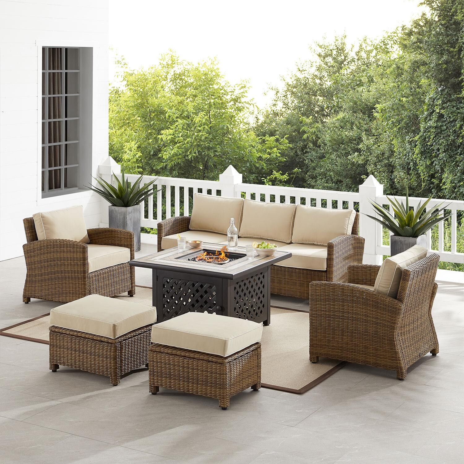 Branchwood 6 Pc Wicker Fire Pit Seating Set in Weathered Brown/Sand by Ultimate Patio