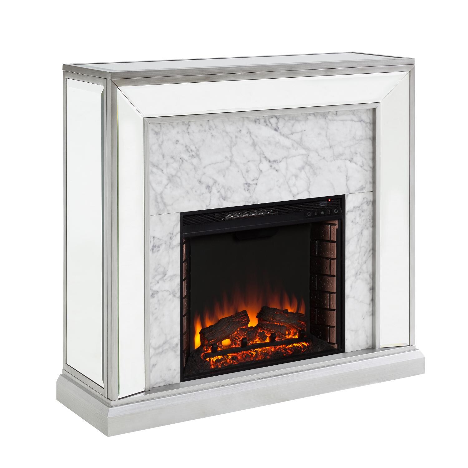 Southern Enterprises FE1027359 Trandling 44-Inch Electric Fireplace - Antique Silver W/ Faux Marble & Mirrored Surround - Angle View thumbnail