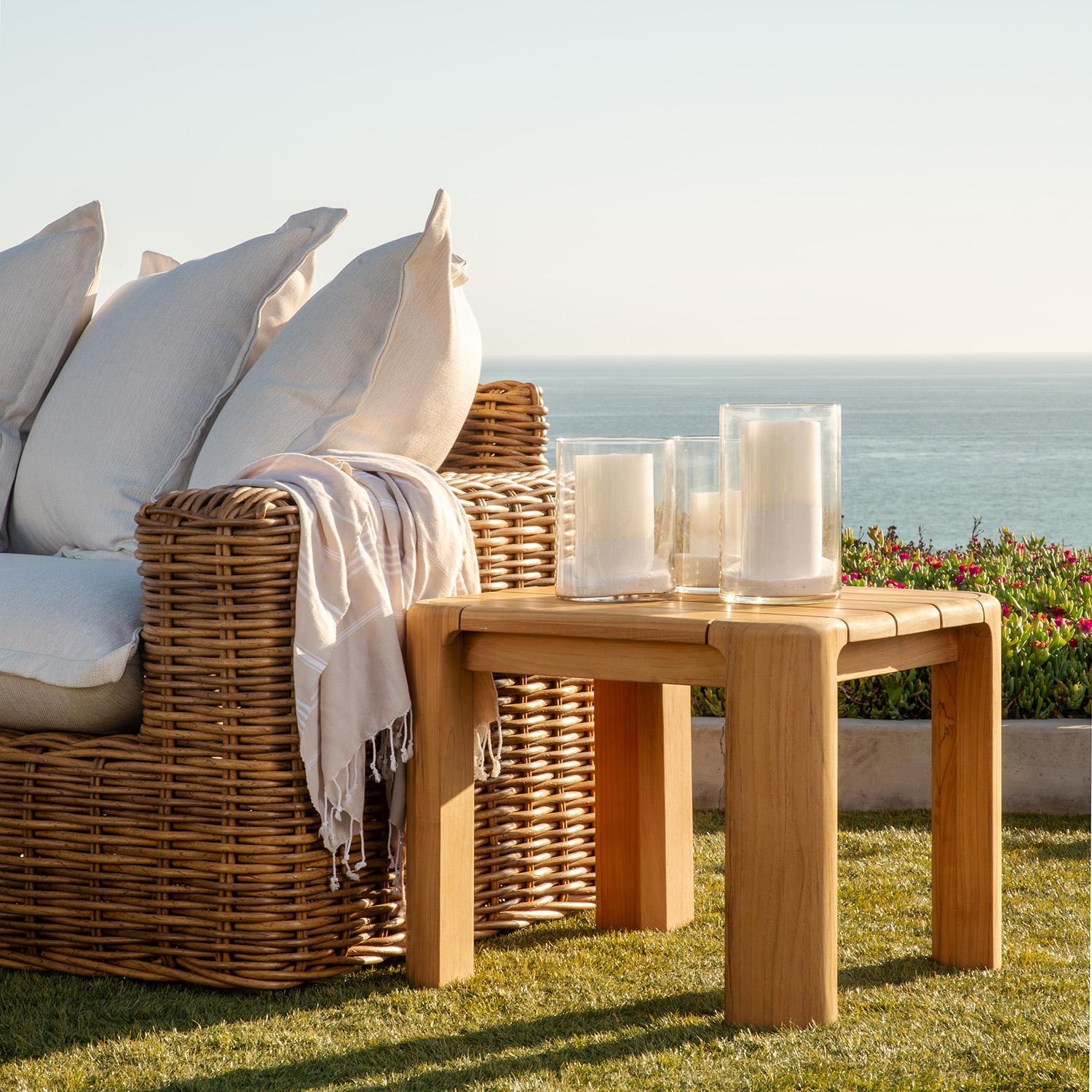 Natural Teak 24 Inch Light Wood Teak End Table by Sunset West - With Candles - Lifestyle thumbnail