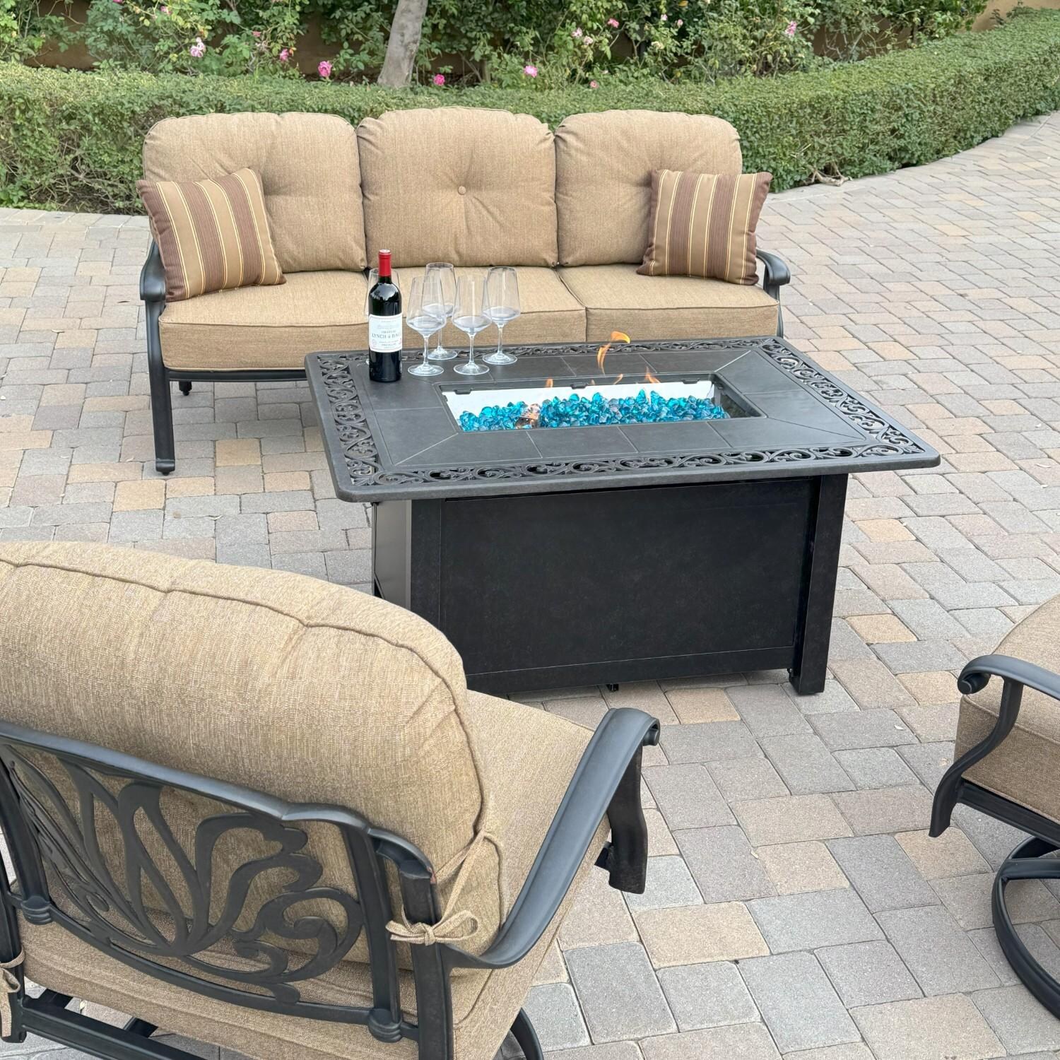 Elisabeth 4 Pc Set Cast Aluminum Seating Set w/ 49 X 35 Inch Propane Fire Pit Table w/ Swivel Chairs in Sesame/Antique Bronze by Darlee - Close Up - Lifestyle thumbnail