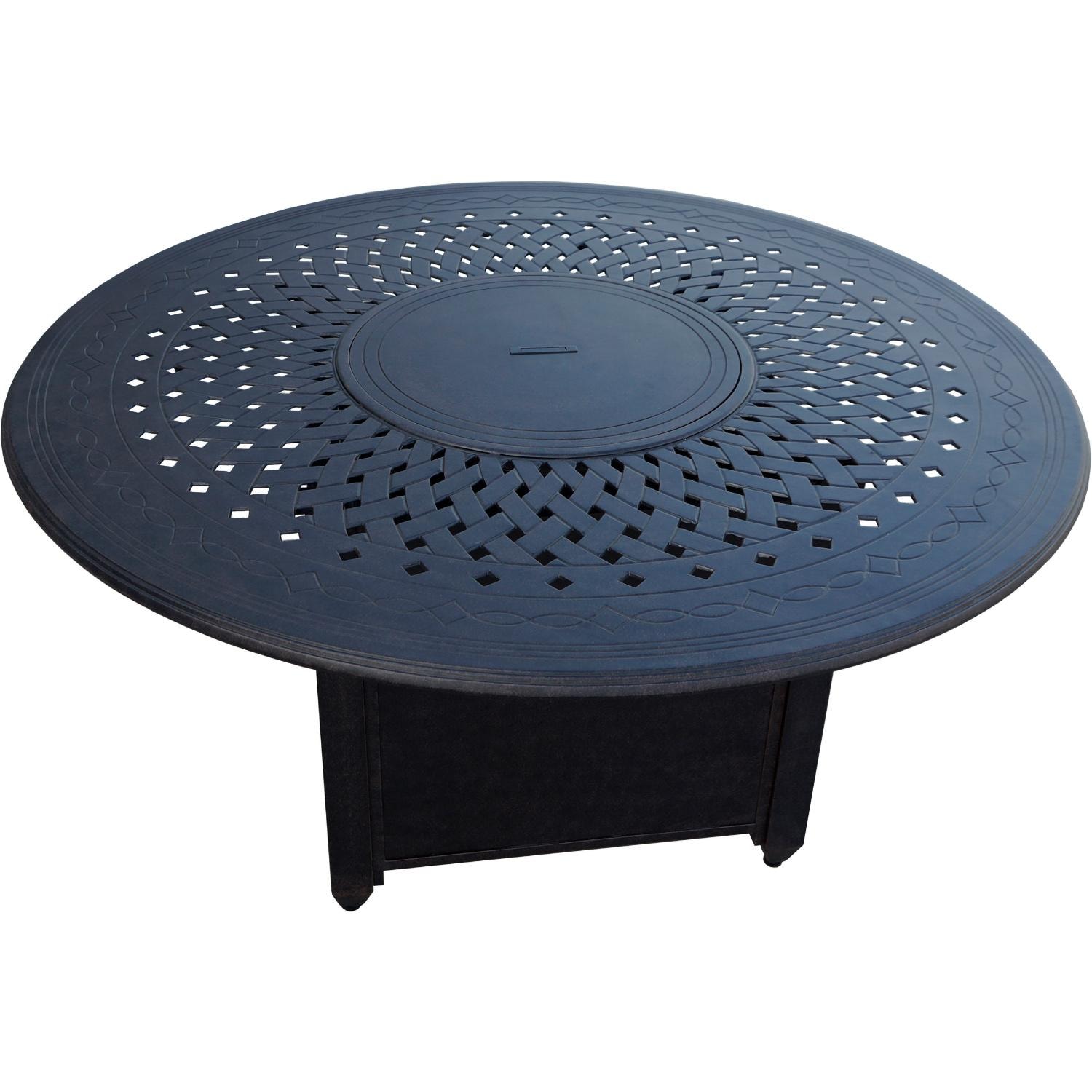 Darlee Elisabeth 7 Pc Cast Aluminum Fire Pit Dining Set w/ 60 Inch Round Table in Antique Bronze/Beige - Table - White Background thumbnail