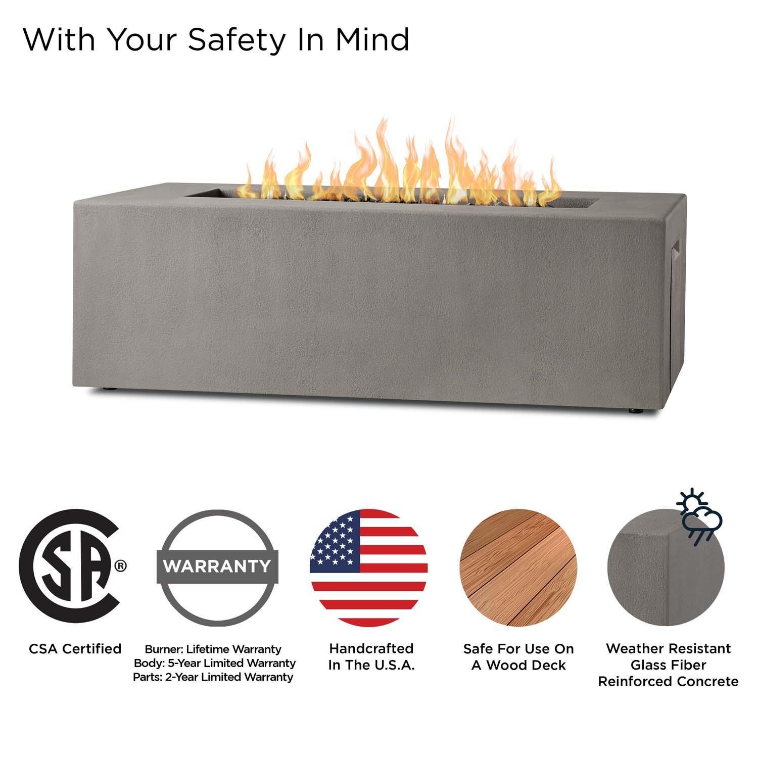 Olliewood 60 Inch Rectangular Glass Fiber Reinforced Concrete Natural Gas Fire Pit Table in Flint by BBQGuys Signature - Safety thumbnail