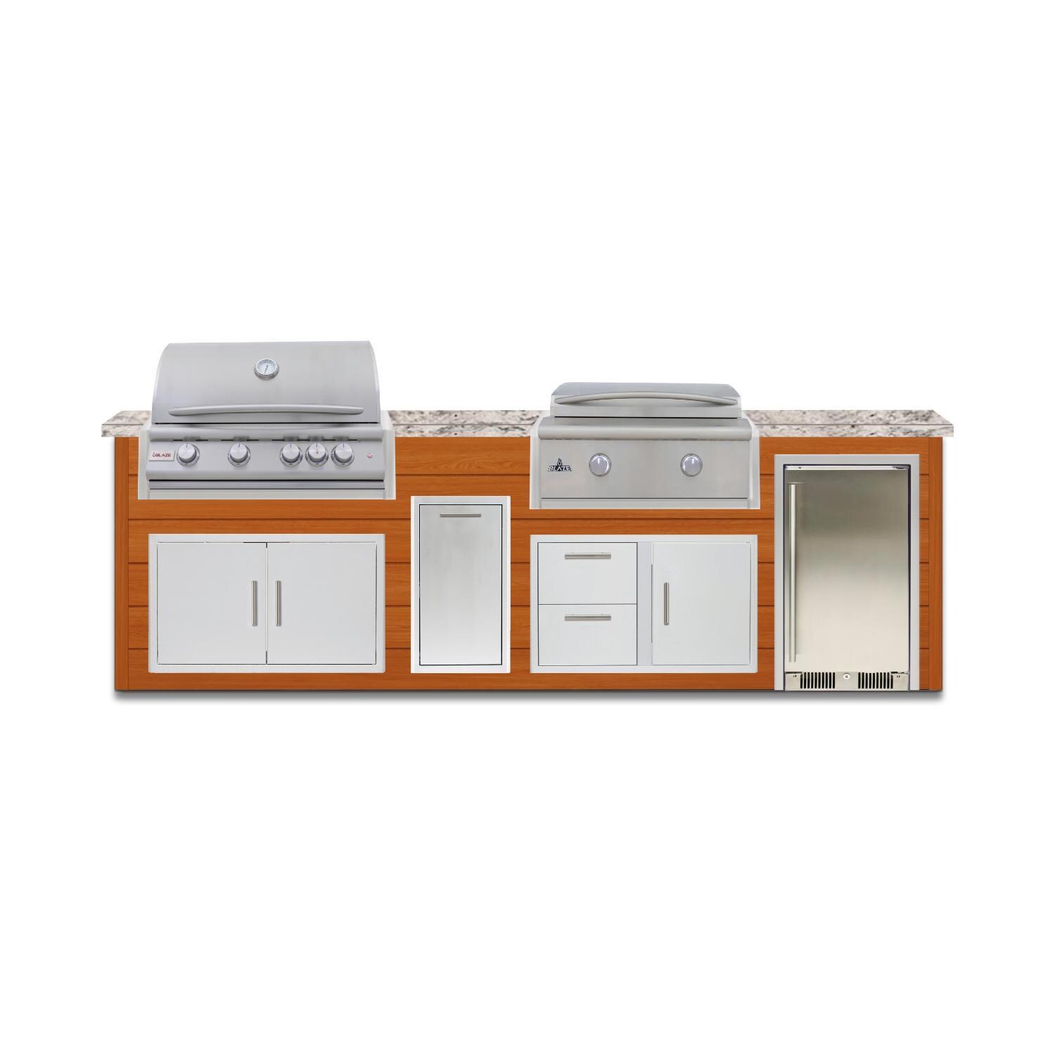 BBQGuys Signature 10 Ft Outdoor Kitchen Island w/ 32 Inch Propane Blaze LTE+ Grill & Griddle & Narrow Trash Bin | Chai Cedar w/ White Granite