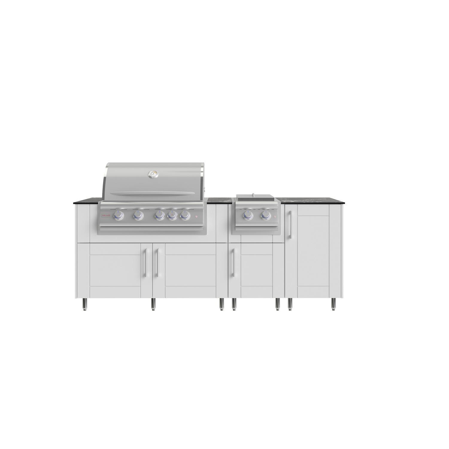 WeatherStrong Abaco 7 Ft Outdoor Kitchen Island w/ Blaze Natural Gas Grill & Side Burner in Shell White/Midnight Ice - Island - White Background thumbnail