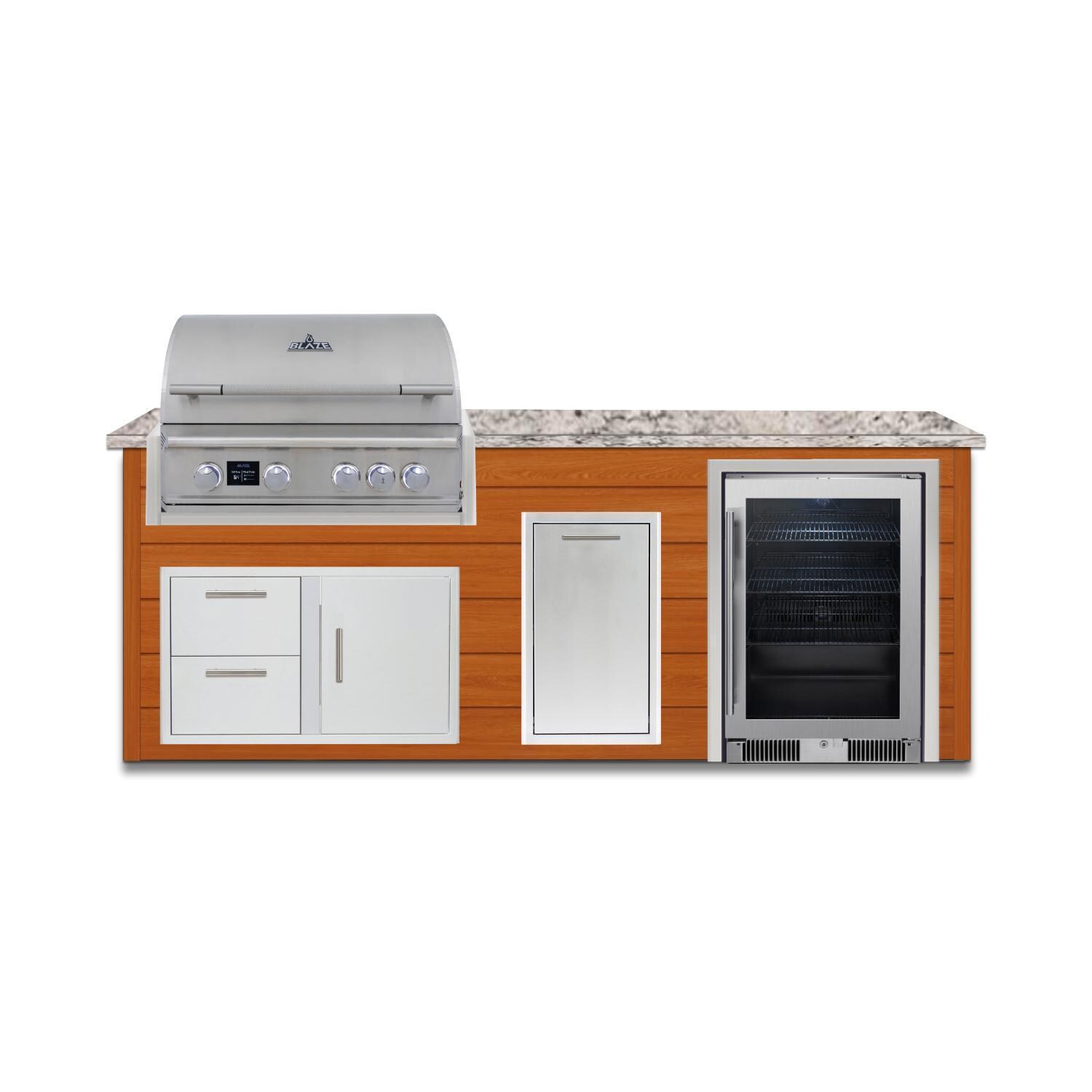 BBQGuys Signature 8 Ft Outdoor Kitchen Island w/ 32-in Propane Blaze LTE PRO Grill, Beverage Center & Narrow Trash Bin | Chai Cedar w/ White Granite