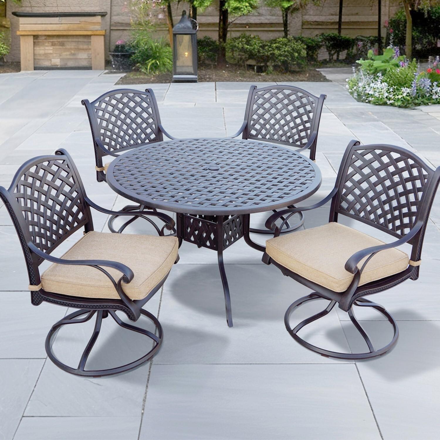 Nassau 5 Pc Cast Aluminum Dining Set w/ 48 Inch Round Series 30 Table & Swivel Rockers in Antique Bronze/Beige Canvas by Darlee