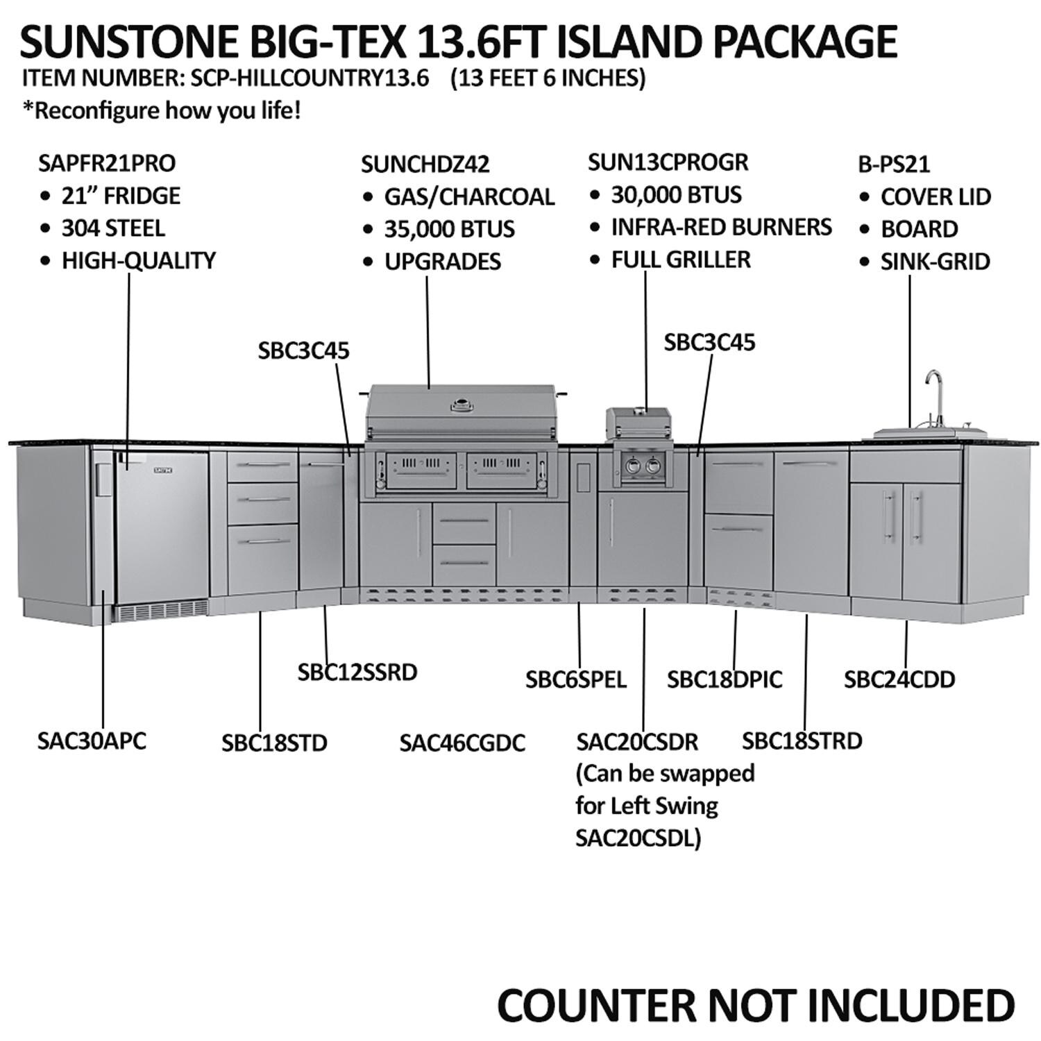 Sunstone Grills SCPBIGTEX21-LP Big-Texan 21 Ft Outdoor Kitchen Island w/ Propane Grill & Side Burner, Sink, Refrigerator, Trash Bin, Door & Drawer - Dimensions - Dimensional thumbnail
