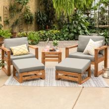 Hudson 5 Piece Acacia Patio Conversation Set W/ Gray Cushions By Walker Edison image