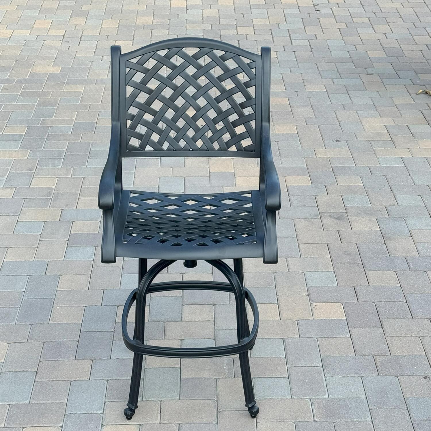 Darlee B/DL13-5PC-50F-N Nassau 5 Pc Cast Aluminum Bar Set in Antique Bronze w/ Navy Cushions - Chair Front - Lifestyle thumbnail