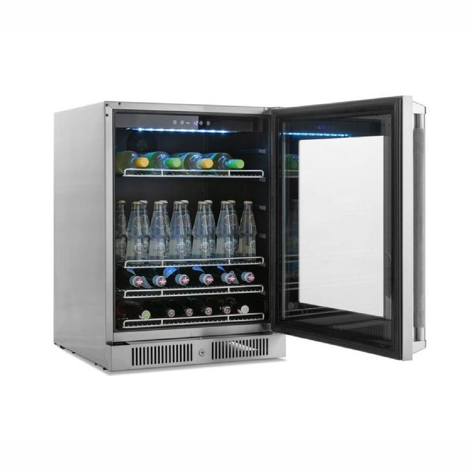 NewAge Products 67915 Classic Series 10 1/2 Ft Outdoor Kitchen Island w/ 40-in Propane Grill, Glass Door Refrigerator, Trash Bin, Door & Drawer in Grove/Stainless Steel - Fridge Open - White Background thumbnail