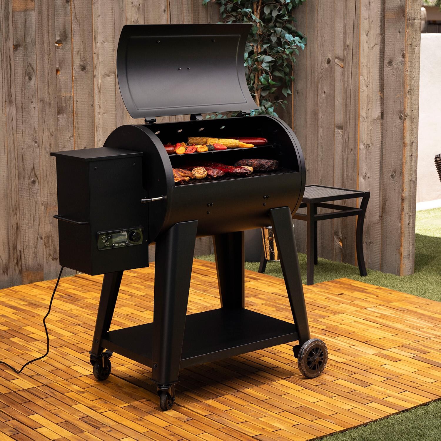 Pit Boss 850FB2 Pellet Grill - Matte Black - Open Angled Right - Lifestyle thumbnail