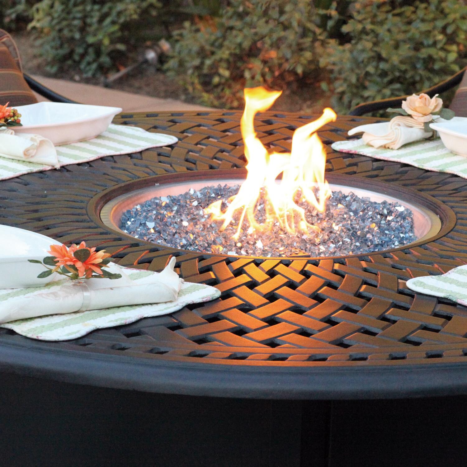 Darlee DL2052-7PC-60GD Santa Monica 7 Piece Cast Aluminum Patio Fire Pit Dining Set W/ 60 Inch Round Table & Sesame Cushions - Table Detail