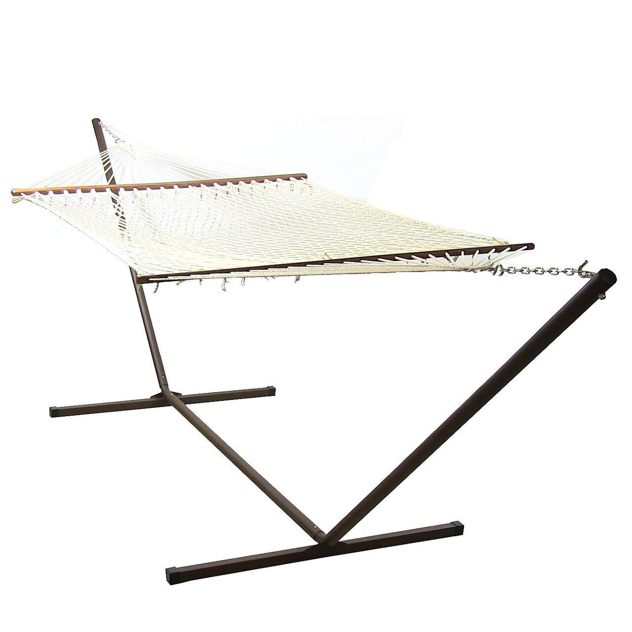Sunnydaze Decor Classic Double Rope Hammock w/ 15-Foot Steel Beam Stand - White - LY-CDWHWS-COMBO image