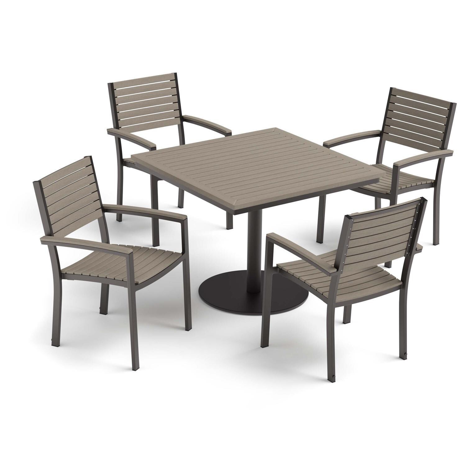 Oxford Garden Travira 5 Pc Aluminum Dining Set W/ Vintage Tekwood Slats, Arm Caps & Table Top in Carbon - Top View thumbnail