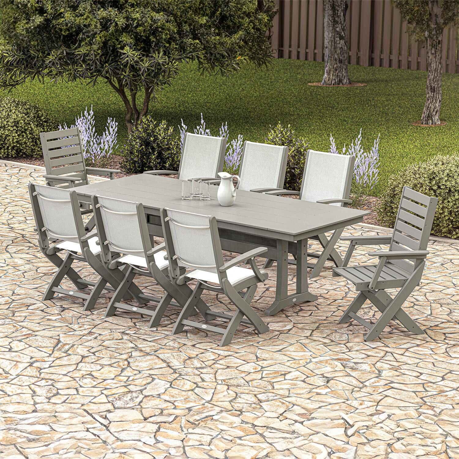 POLYWOOD PWS2534-1-GY901 Creekside Polywood 9-Piece Farmhouse Dining Set White Sling Chairs in Slate Grey - Set - Lifestyle thumbnail