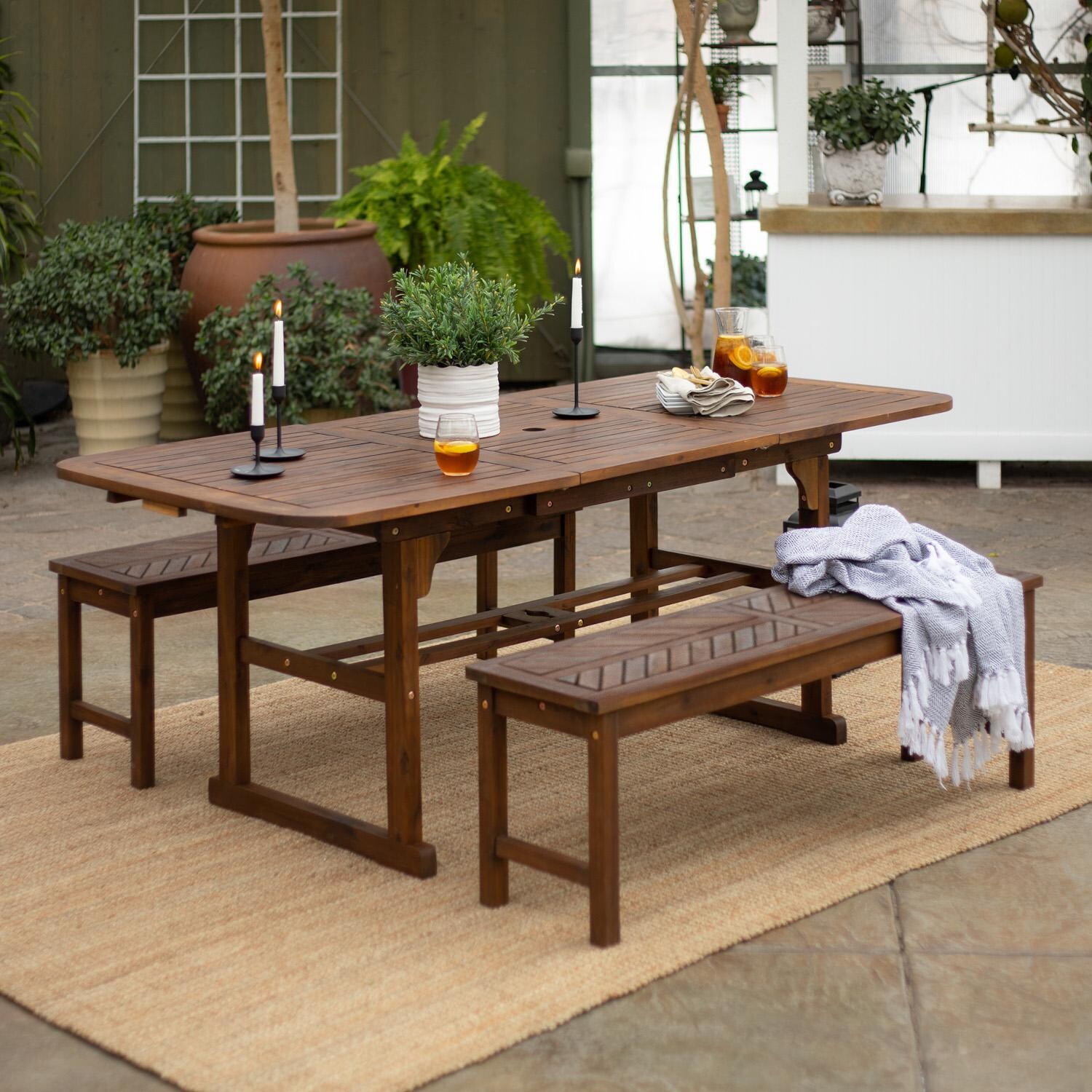 Walker Edison Vincent 3 Piece Acacia Patio Dining Set W/ 55-79 X 35 Inch Extension Rectangular Table - Dark Brown image