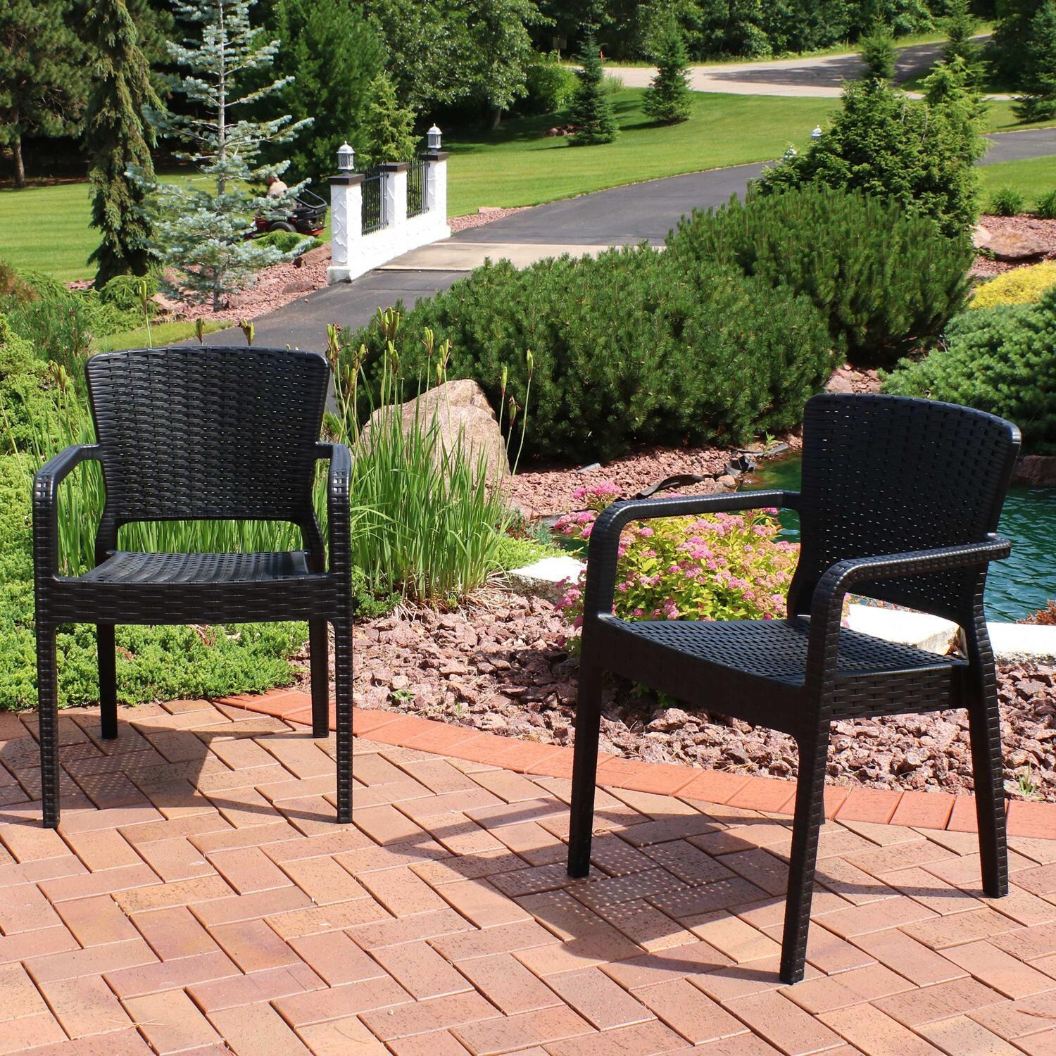 Ultimate Patio Plastic Stackable Arm Chair - Set of 2 - Black thumbnail