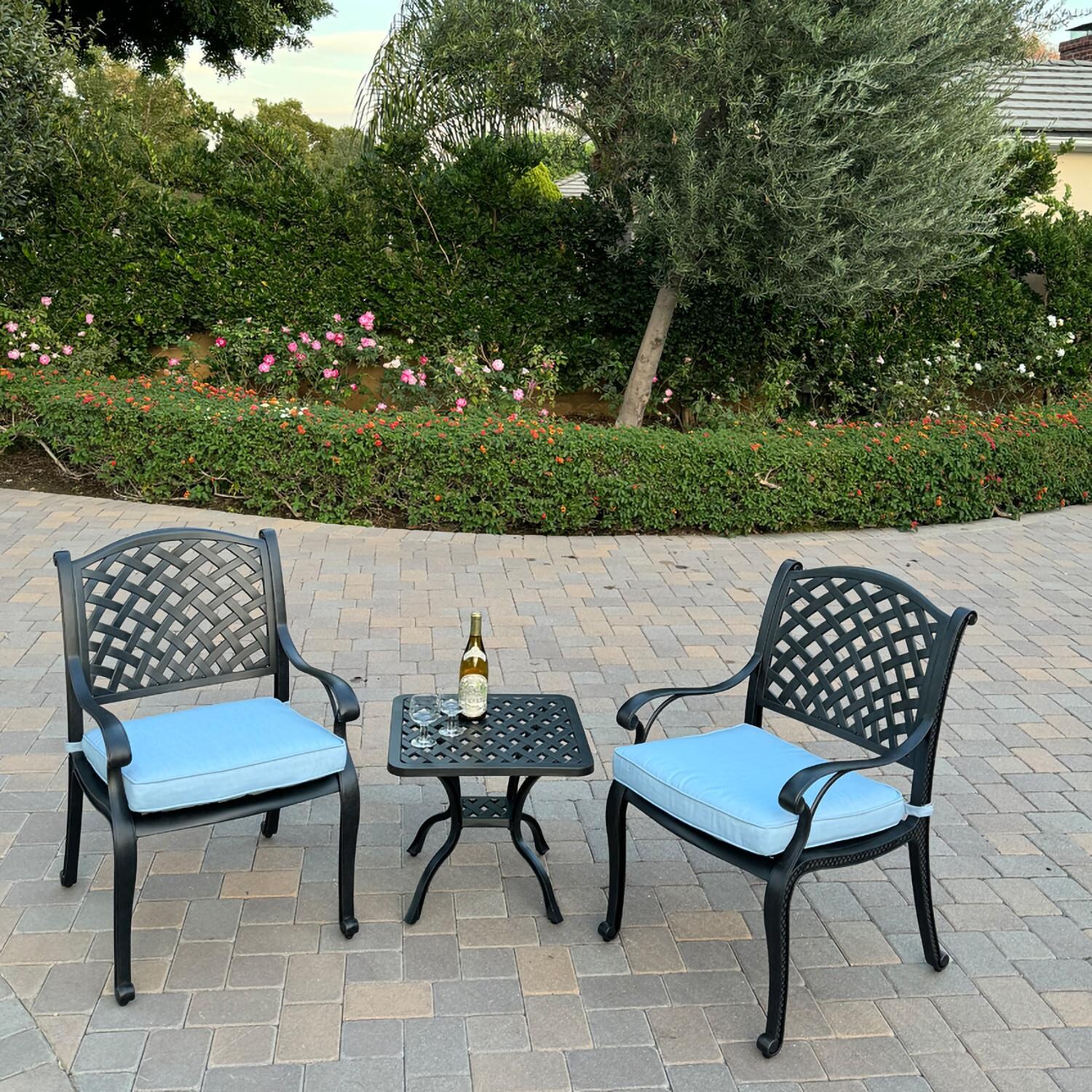 Nassau 3 Pc Cast Aluminum Conversation Set in Antique Bronze w/ Blue Cushions By Darlee