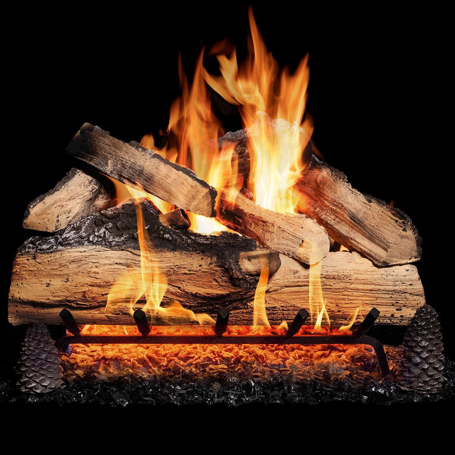 BBQGuys 18 Inch Grand Mountain Split Oak Vented Natural Gas Log Set + H-Burner + Basic On/Off Remote