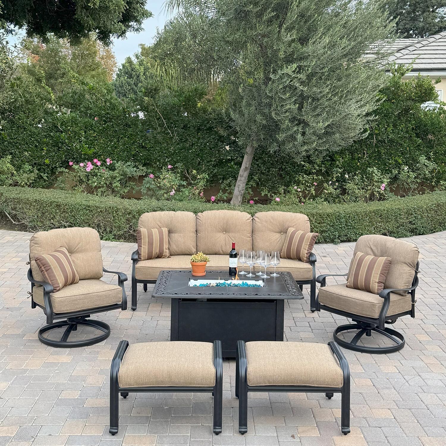Darlee Elisabeth 6 Pc Cast Aluminum Fire Pit Seating Set w/ 2 Swivel Chairs, Sofa and 2 Ottomans in Antique Bronze/Beige - Set - Lifestyle thumbnail