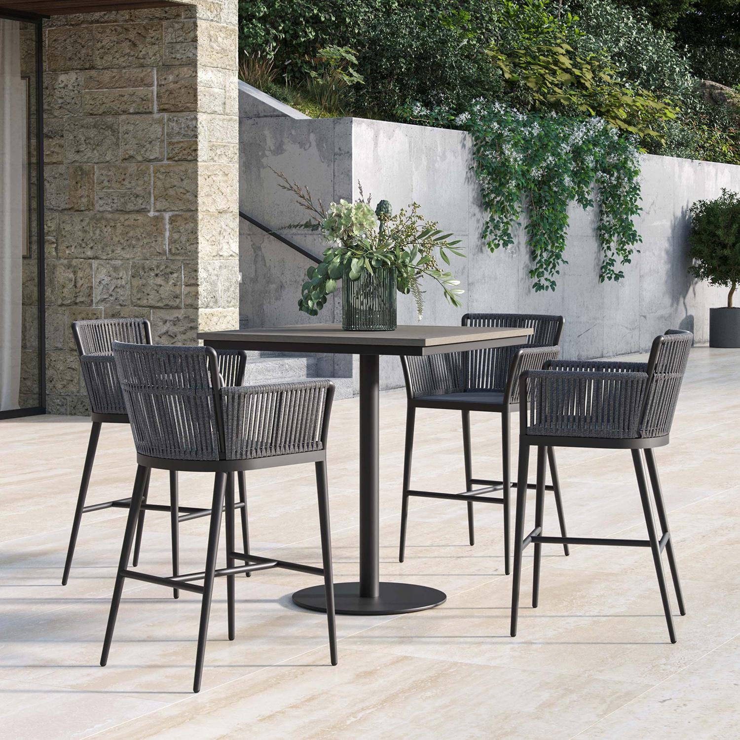 Oxford Garden Nette 5 Pc Olefin Rope & Aluminum Bar Set W/ Vintage Tekwood Table Top in Carbon/Pewter By - 6152-PC.C