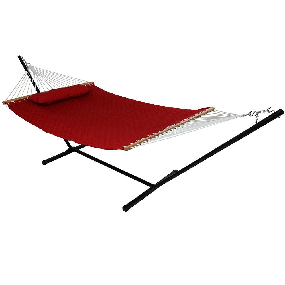 Sunnydaze Decor Quilted Double Hammock w/ Stand & Pillow - Red - LY-QDFH-RED-COMBO image