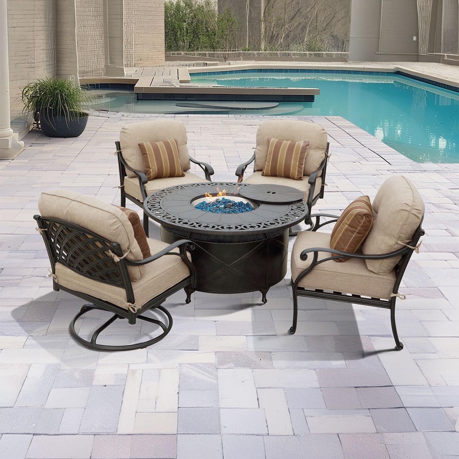 Darlee Nassau 5 Pc Cast Aluminum Fire Pit Seating Set w/ 47 Inch Table w/ 2 Swivel Rockers & Throw Pillows in Antique Bronze/Beige Canvas by